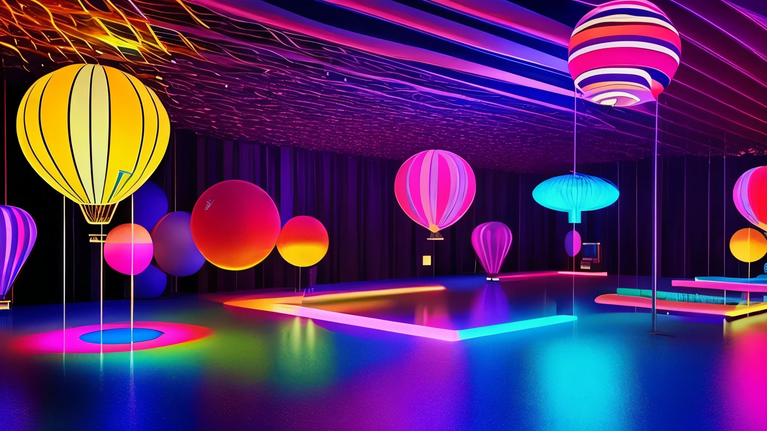 disco ambience from 70s, ROTATING BALLOONS, lights, 70s era speakers, equalizations, power amplifiers and everything that reminds us of the years , no figures no environment