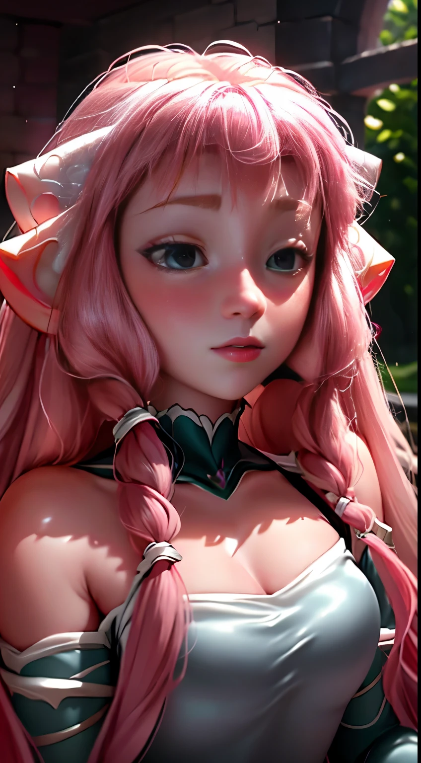 1girl, pink long hair, large breasts, (epic), (elegant), ((detailed)), ((best quality)), ((masterpiece, sidelighting, finely detailed beautiful eyes: 1.2)), extremely_detailed_wallpaper, highres, ((lace)), beautiful detailed glow, masterpiece*portrait, 3d face, lustrous skin, upper body, realistic, perfect face, elf ears, pink eyes,  looking at viewer, looking straight, no_smile, mature, young adult, flower petals, clouds in background, daylight, bright day, sunny day, looking straight, looking eye to eye, side_swept_hair, 1 sided hair