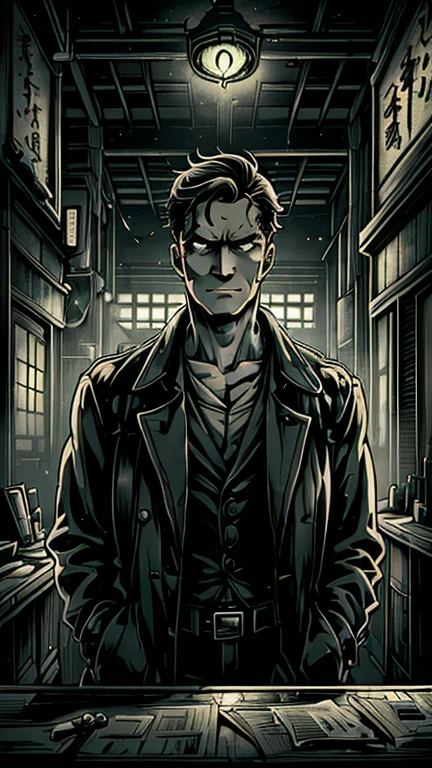 (8k),(masterpiece),(Japanese),(1male,clark,black eyes,),((mad-sincity,1940s,noir)),((ghibli style)),From the front,upper body,Kind eyes,Flat chest,short,Black Hair,night,dark, smokes, detective office interiors,Trench Coat 