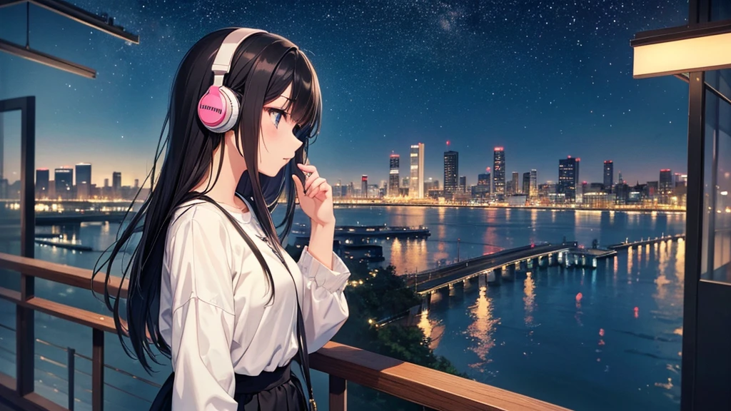 A young girl with black hair wearing stylish clothes and headphones labeled "Lo-Fi"
The girl is shown in profile, gazing into the distance with a calm, relaxed expression
Background depicts the iconic scenery of Namba, Osaka at night, without any text on signs
A starry night sky adding to the peaceful atmosphere
Overall mood is quiet and serene, perfect for Lo-Fi music
Detailed hair rendering and careful attention to the girl's fashionable outfit
The entire scene should evoke a relaxing, introspective feeling associated with Lo-Fi music