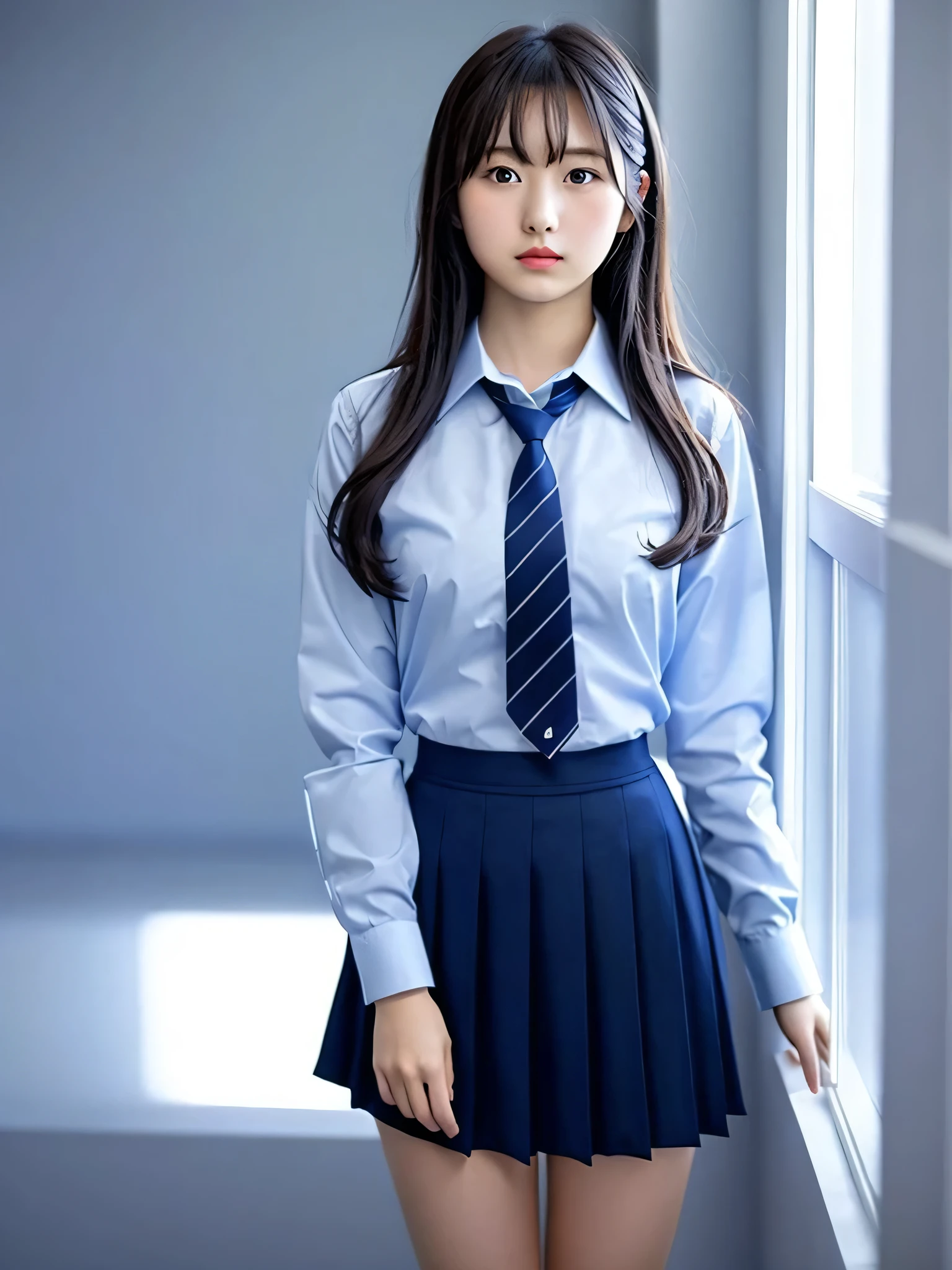 Japan girl, teenage girl, perfect figure, transparency, modest breasts, , navy blue tie, navy blue skirt, light blue shirt, gravure idol