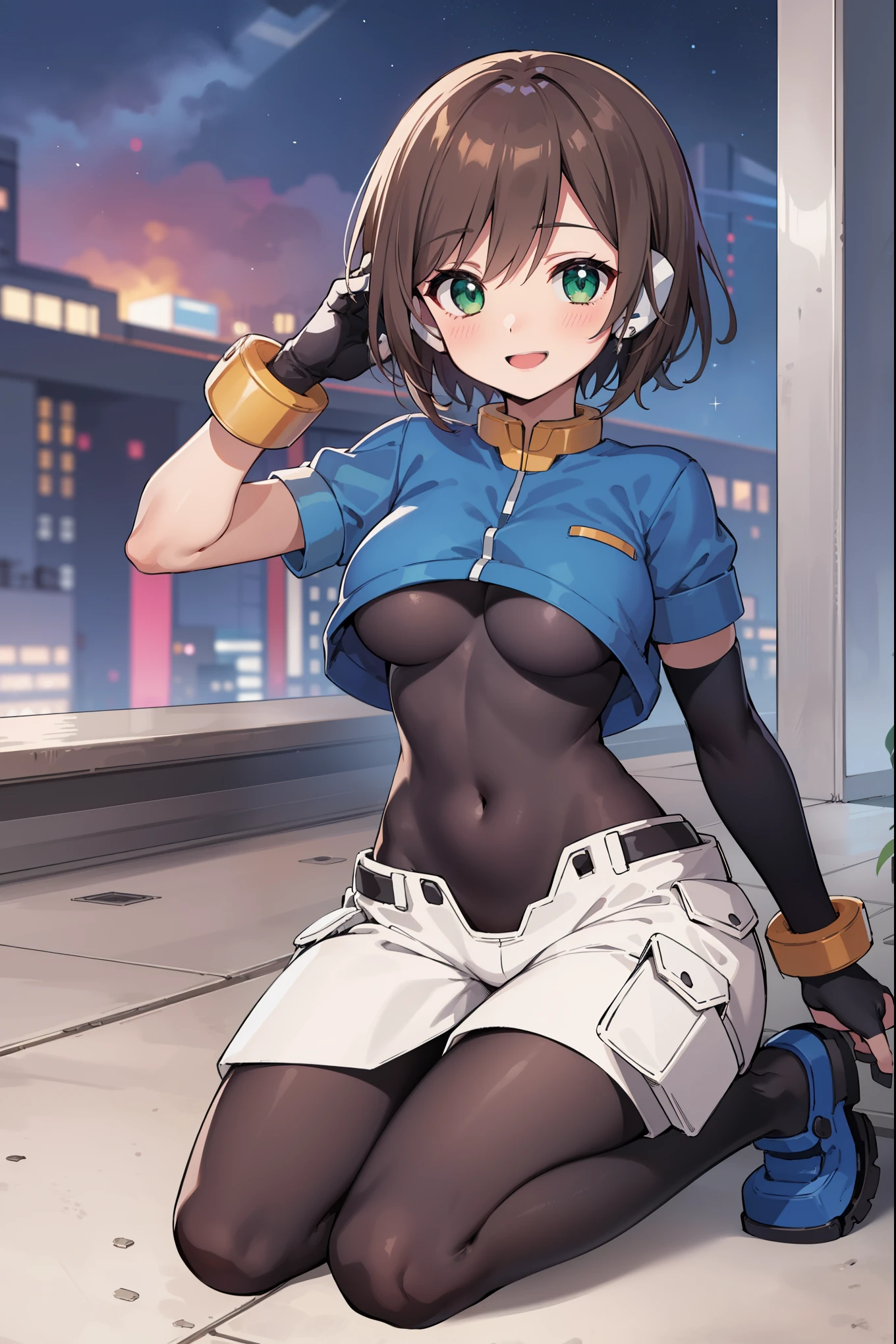 aile_megamanzx, kneeling with one hand on the ground and the other arm raised, 1girl, solo, short hair, brown hair, short sleeves, (bodysuit), robot ears, green eyes, very_short_shorts, short sleeves, short over long sleeves, smile, in futuristic city, , high quality, medium_breasts,crotch, slouch,groin