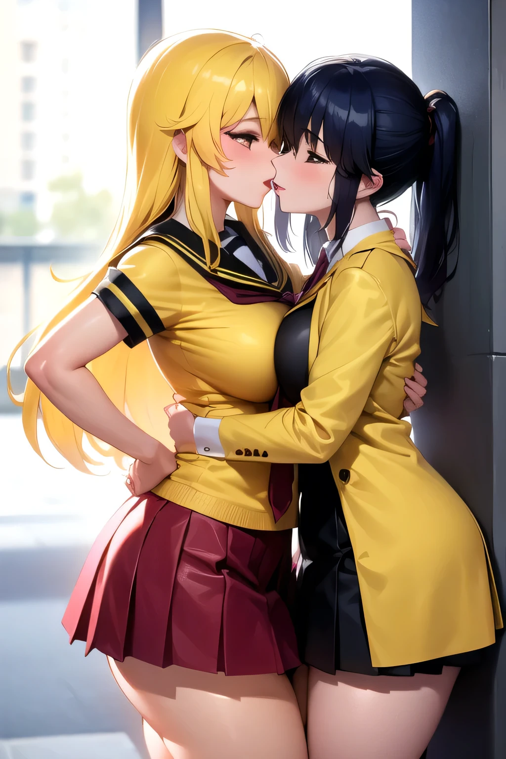 Lesbian (very long loose yellow hair)(big breasts, big thighs)(with  clothes it is very tight) that he is kissing at school with his girlfriend,(big breasts, big thighs)lesbian love