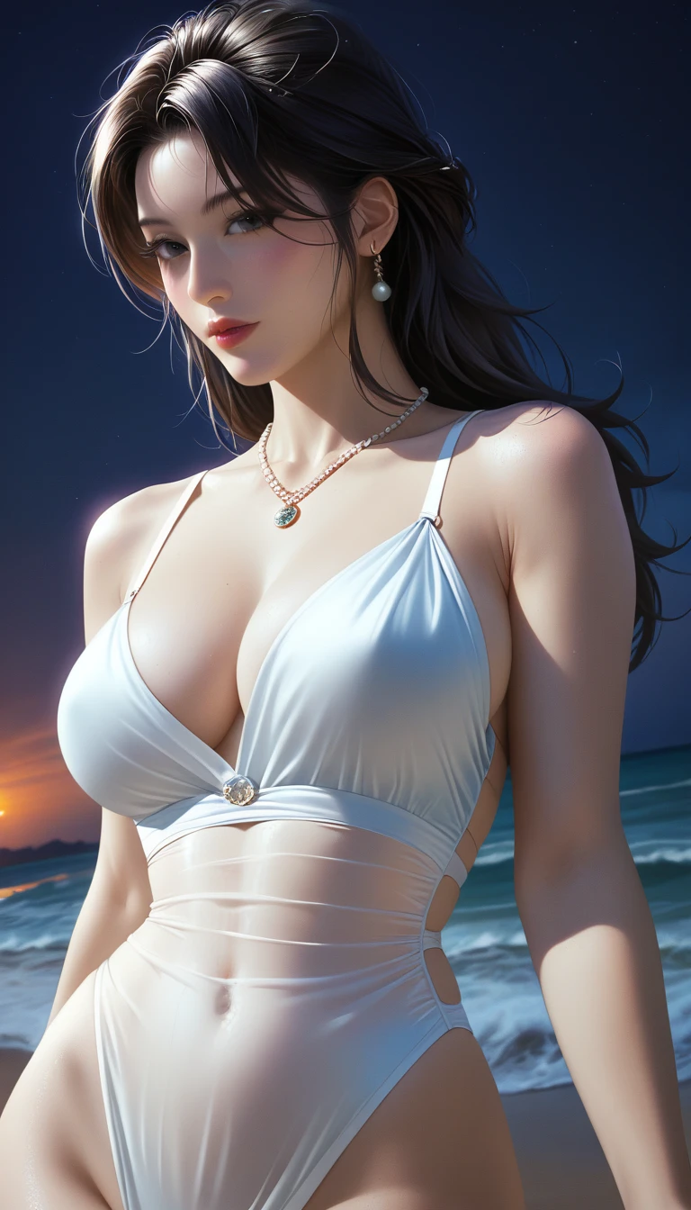 score_9, score_8_superior, score_7_superior, Masterpieces with up to 16K resolution,Highest quality,it is really amazing,Very detailed,Ultra-high resolution,(Ultra-realistic:1.1),(Realistic:1.1),Increased depth of field,Cinematic lighting,
Elegant Japanese MILF,
Long black hair,Ultra-detailed and beautiful faces,Translucent white skin,Very detailedな肌,
(Elegant swimwear:1.1),
Bold design,Artistic design,Beautiful and detailed pattern,Detailed fabric texture,
Gorgeous necklace,Earrings,
(Bali Beach:1.1),(Dark beach at night:1.1),(Deserted beach:1.1),(A pitch black night sky with dark clouds:1.1),
(Dramatic Angle:1.2),