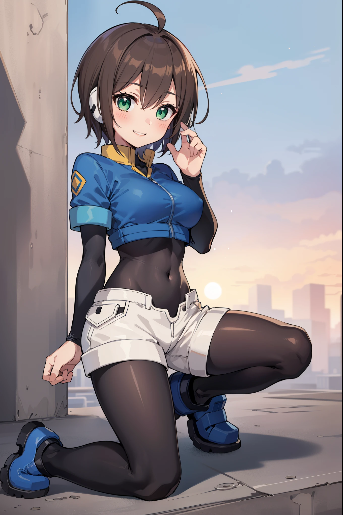 aile_megamanzx, kneeling with one hand on the ground and the other arm raised, 1girl, solo, short hair, brown hair, short sleeves, (bodysuit), robot ears, green eyes, very_short_shorts, short sleeves, short over long sleeves, smile, in futuristic city, , high quality, medium_breasts,crotch, slouch,groin