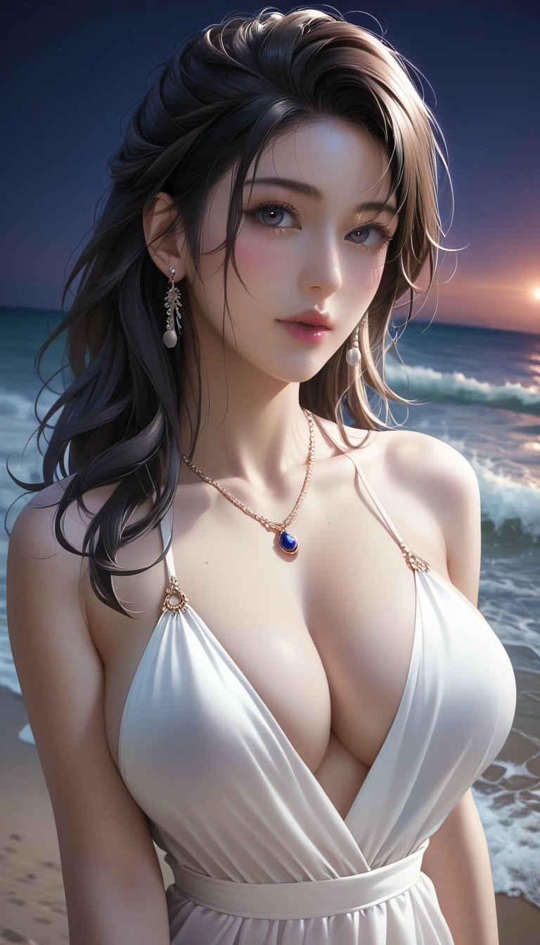 score_9, score_8_superior, score_7_superior, Masterpieces with up to 16K resolution,Highest quality,it is really amazing,Very detailed,Ultra-high resolution,(Ultra-realistic:1.1),(Realistic:1.1),Increased depth of field,Cinematic lighting,
Elegant Japanese MILF,
Long black hair,Ultra-detailed and beautiful faces,Translucent white skin,Very detailedな肌,
(Elegant swimwear:1.1),
Bold design,Artistic design,Beautiful and detailed pattern,Detailed fabric texture,
Gorgeous necklace,Earrings,
(Bali Beach:1.1),(Dark beach at night:1.1),(Deserted beach:1.1),(A pitch black night sky with dark clouds:1.1),
(Dramatic Angle:1.2),