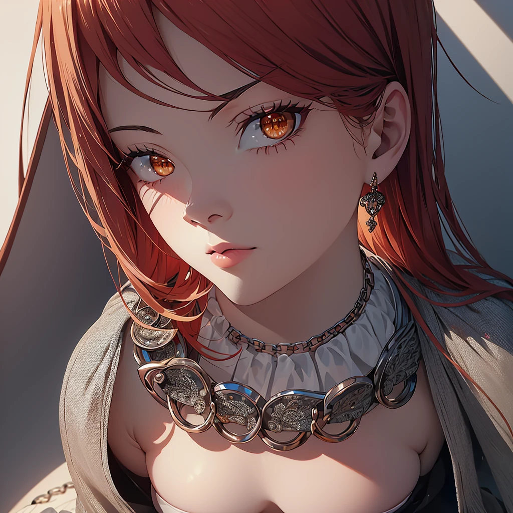 (finely detailed beautiful eyes and detailed face,masterpiece sidelighting,masterpiece,best quality,detailed,high resolution illustration),(1girl,whole body,bishoujo,lustrous skin,looking down,looking at viewer),(Large breast), (red hair, grey eyes,ribbon,hanbok, korean clothes), (chain collar) (Chain behind his back),(earings)(clothed_underbust:1.2),underboob, perfect eyes, perfect hand