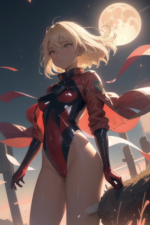 (((masterpiece, Highest quality, High resolution, 超High resolution, Pixel perfect, Written boundary depth, 4K, RTTX10.0))), Beautiful Anime Woman, Beautiful art style, Anime characters, ((Smooth texture, Realistic texture, Anime CG style)), Exact finger count、Exact number of legs、(Exact number of arms:1.0, Exact number of hands:1.0), (Perfect hands, Perfect Anatomy), cinematic, Realistic, Highly detailed CG, Daytime lighting, Perfect lighting, Best Shadow, The best natural light, whole body, Perfect body,(Dark Skin)(14 years old),(blondes), Bob Hair, Short cut,Red eyes, Sparkle Effect, Lens flare,One girl, 独奏, Provocative look,whole body,Being blown by a strong wind,Dynamic composition,Low - Angle,tsurime,Beautiful Face,完璧なdetail,Three white eyes,Strong winds,Hair blowing in the wind,Confident expression,Standing with your legs apart,whole body,Winner of numerous awards, 最高quality, Damaged, detail, High-resolution model, 高いdetail, 高quality, quality, Retina, Very detailed, Textured skin, Ultra high definition, Blonde, Sparkle Effect, Lens flare, Godley, Crimson Eyes,White socks,loafers,Small breasts,Cinematic light effects, Anaglyph, Chiaroscuro, Stereogram, (Anatomically correct),slender,Small breasts,A big full moon filling the screen,Air compression makes the moon appear larger,A red leather bodysuit that clearly shows off your body lines,Camel Toe,Super High Leg,Futuristic material bodysuit,Arms folded in front of chest,He is wearing a jacket and it is fluttering in the wind.,