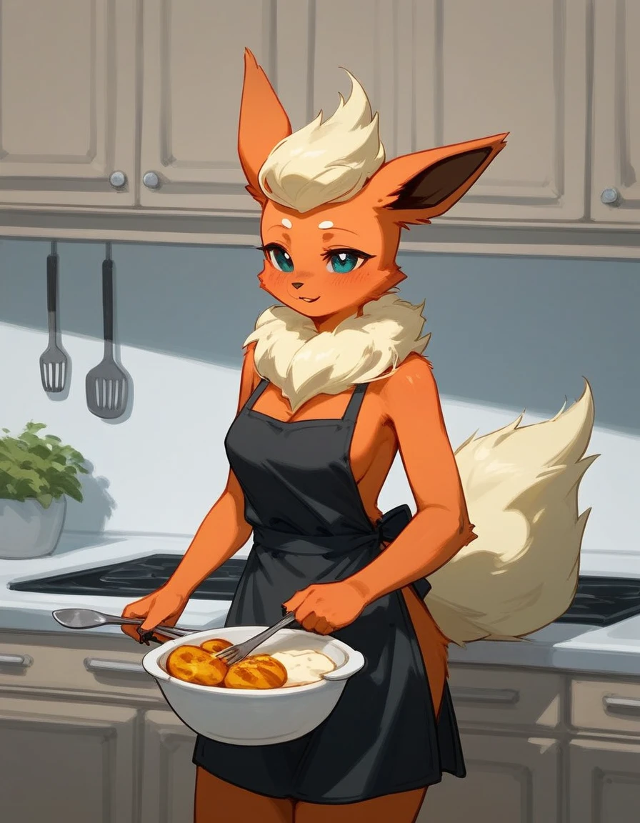 alone, score_9,score_8_up,score_7_up, anthro female flareon, wearing cooking apron, in kitchen, serving food.