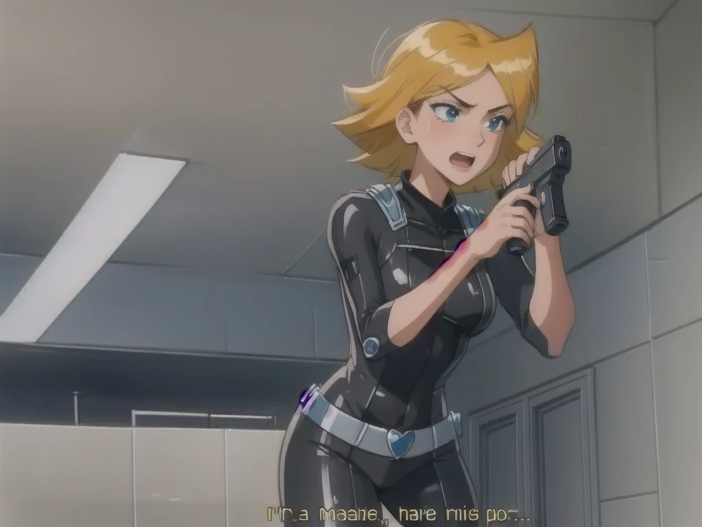(masterpiece, best quality),  intricate details,
1girl,   clover \(totally spies\), blonde hair, short hair, blue eyes, 
  open mouth
 ImAHealerButMeme, pistol, whoop spie bodysuit