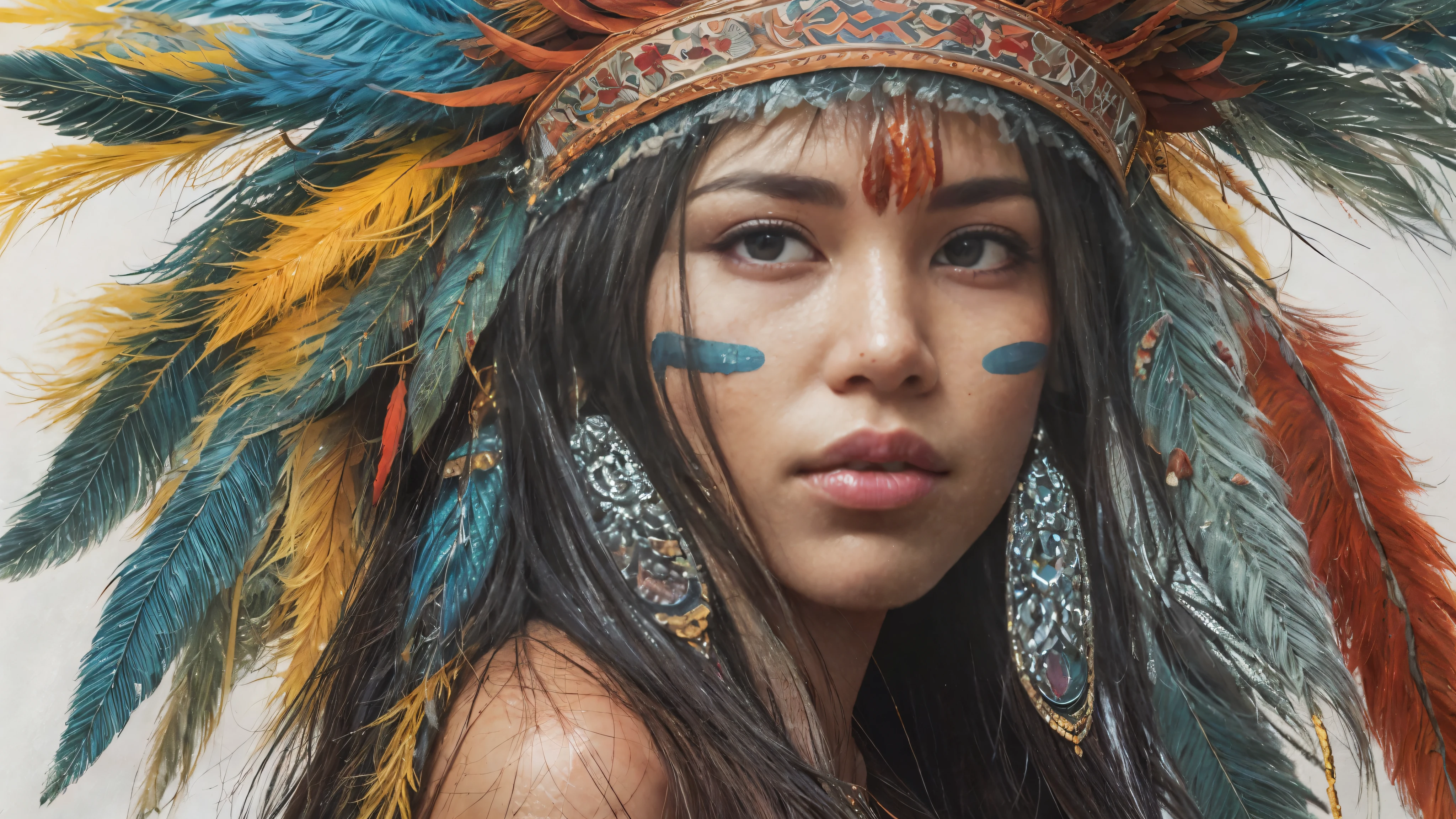 On a sketchbook page with subtle blue lines, a captivating indigenous woman gazes at the viewer with a gentle smile. Her long, dark hair cascades elegantly over her shoulders. She wears a traditional headdress adorned with vibrant red, yellow, and purple feathers, creating a striking contrast against the white background of the paper. This artwork, a masterpiece of pencil painting, draws inspiration from the hyper-realistic and detailed style of Diego Koi, the renowned Italian artist. The composition emphasizes meticulous shading, intricate textures, and a harmonious blend of colors, bringing the subject to life with impressive depth and realism., drop shadow, pov, cowboy shot, masterpiece, accurate, textured skin, super detail, award winning