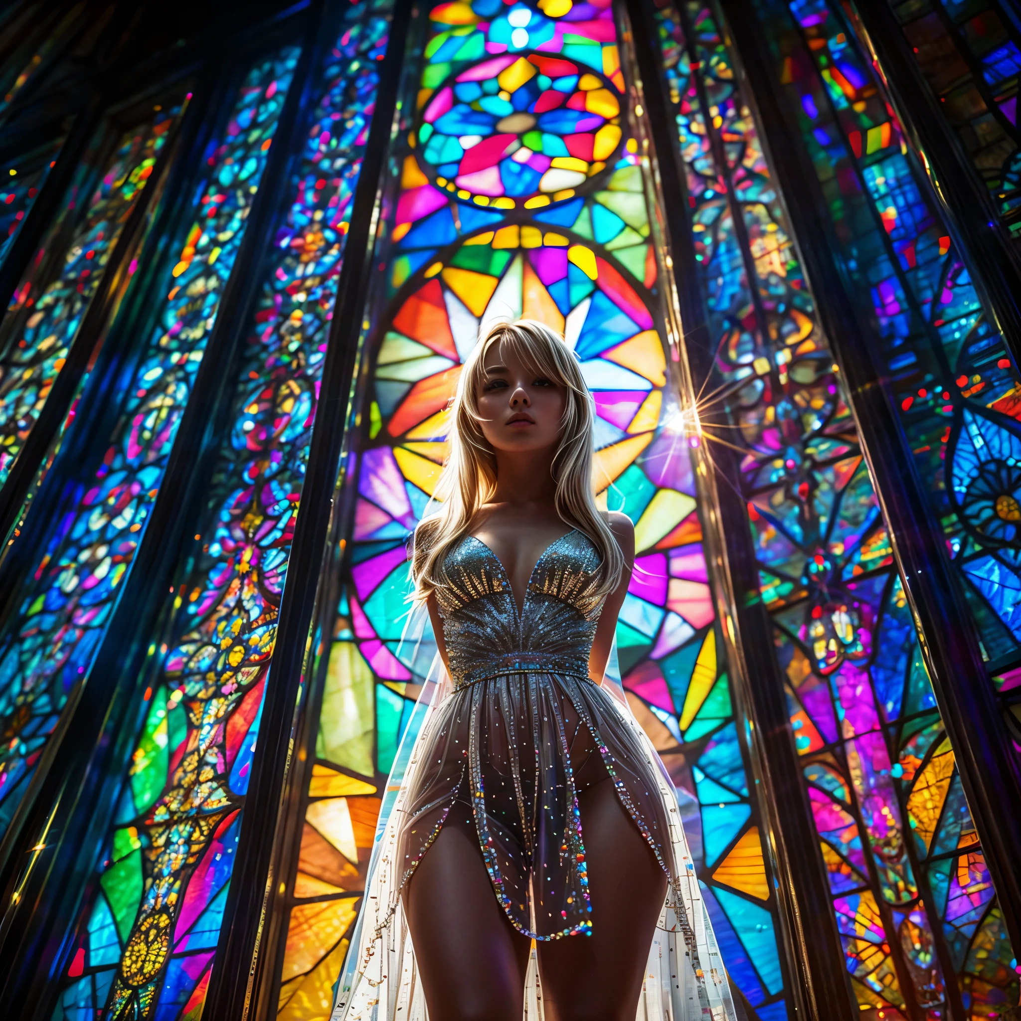 (Cathedral from below:1.28) (ZoomLayer) TopQuality 8K masterpiece of ((Professional photo)), (((Clarisse de Cagliostro))) (Detailed White WeddingDresses), Chain, (((Extremely detailed KAWAII face))) {((VeiledFace))|BlondeHair|(Elaborate BuleEyes)with(SparklingHighlights:1.28)}, The background is distant (((Elaborate stained glass))) Rainbow Glass, {(MysticSight)|EnchantingAtmosphere|Haze|(GodRays)|TyndallEffect}, Radiant PearlSkin with Transparency, (Exposed:0.39)