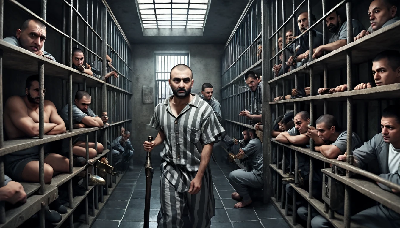 Man in prison with many thieves in his cells, PICTURE REALISTIC, high resolution, 8k