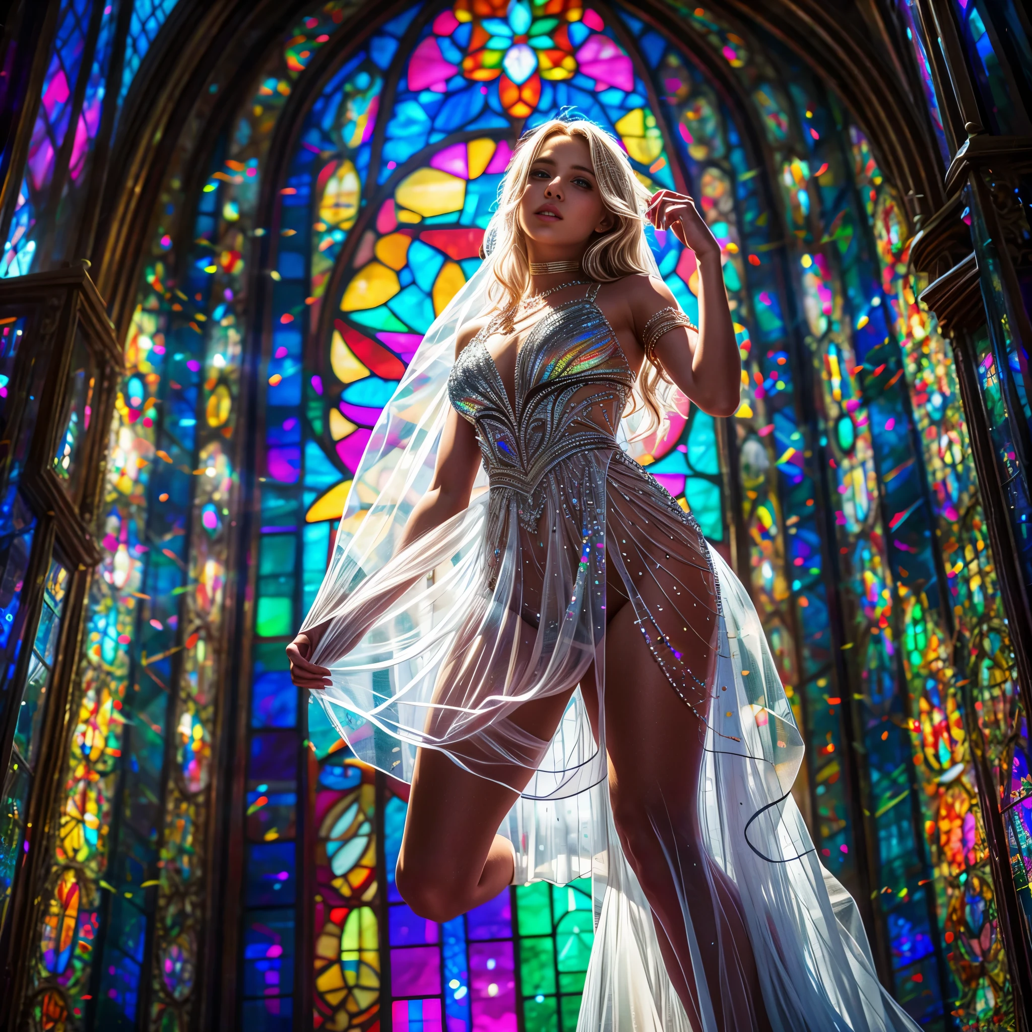  (Cathedral from below:1.28) (ZoomLayer) TopQuality 8K masterpiece of ((Professional photo)), (((Clarisse de Cagliostro))) (Detailed White WeddingDresses), Chain, (((Extremely detailed KAWAII face))) {((VeiledFace))|BlondeHair|(Elaborate BuleEyes)with(SparklingHighlights:1.28)}, The background is distant (((Elaborate stained glass))) Rainbow Glass, {(MysticSight)|EnchantingAtmosphere|Haze|(GodRays)|TyndallEffect}, Radiant PearlSkin with Transparency, (Exposed:0.39)