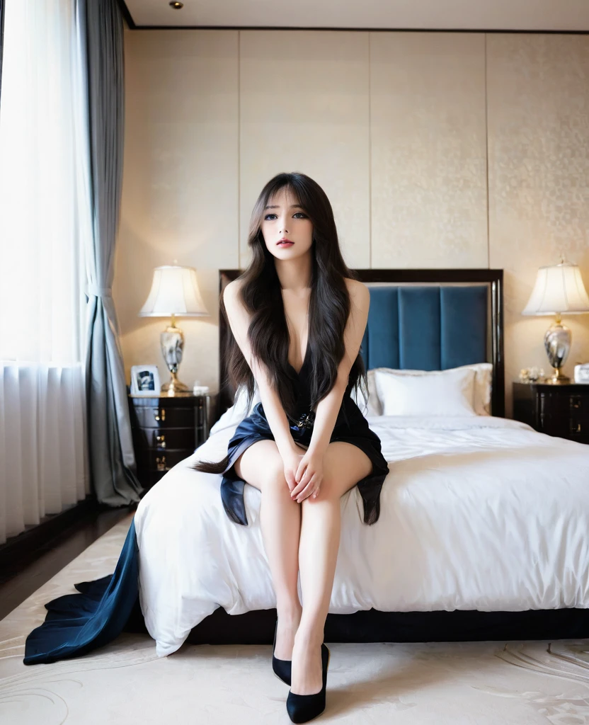 expensive　Long Hair　glamorous　masochist、Bedroom、Sitting on the bed in a submissive pose