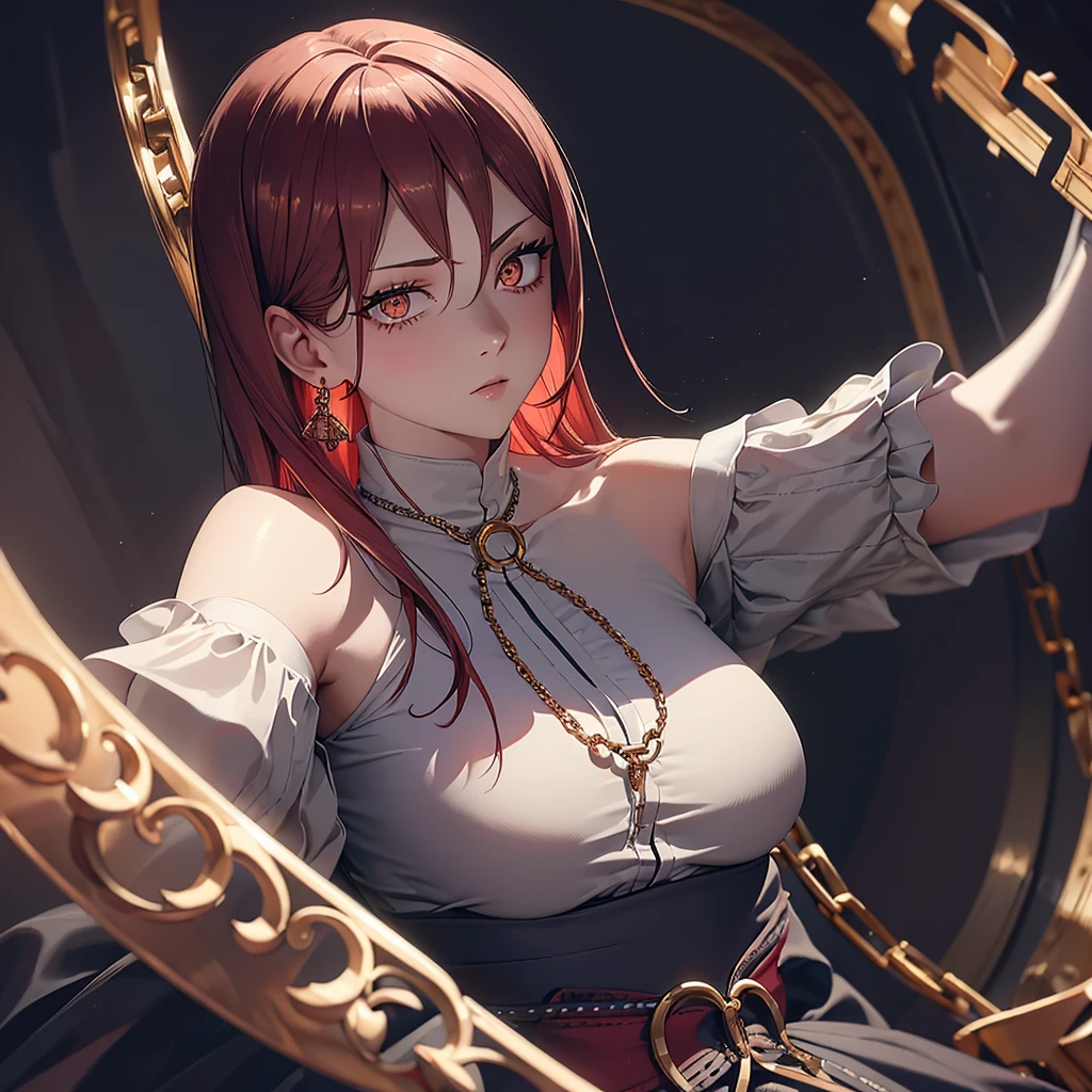 (finely detailed beautiful eyes and detailed face,masterpiece sidelighting,masterpiece,best quality,detailed,high resolution illustration),(1girl,whole body,bishoujo,lustrous skin,looking down,looking at viewer),(Large breast), (red hair, grey eyes,ribbon,hanbok, korean clothes), (chain collar) (Chain behind his back),(earings)(clothed_underbust:1.2),underboob, perfect eyes, perfect hand 