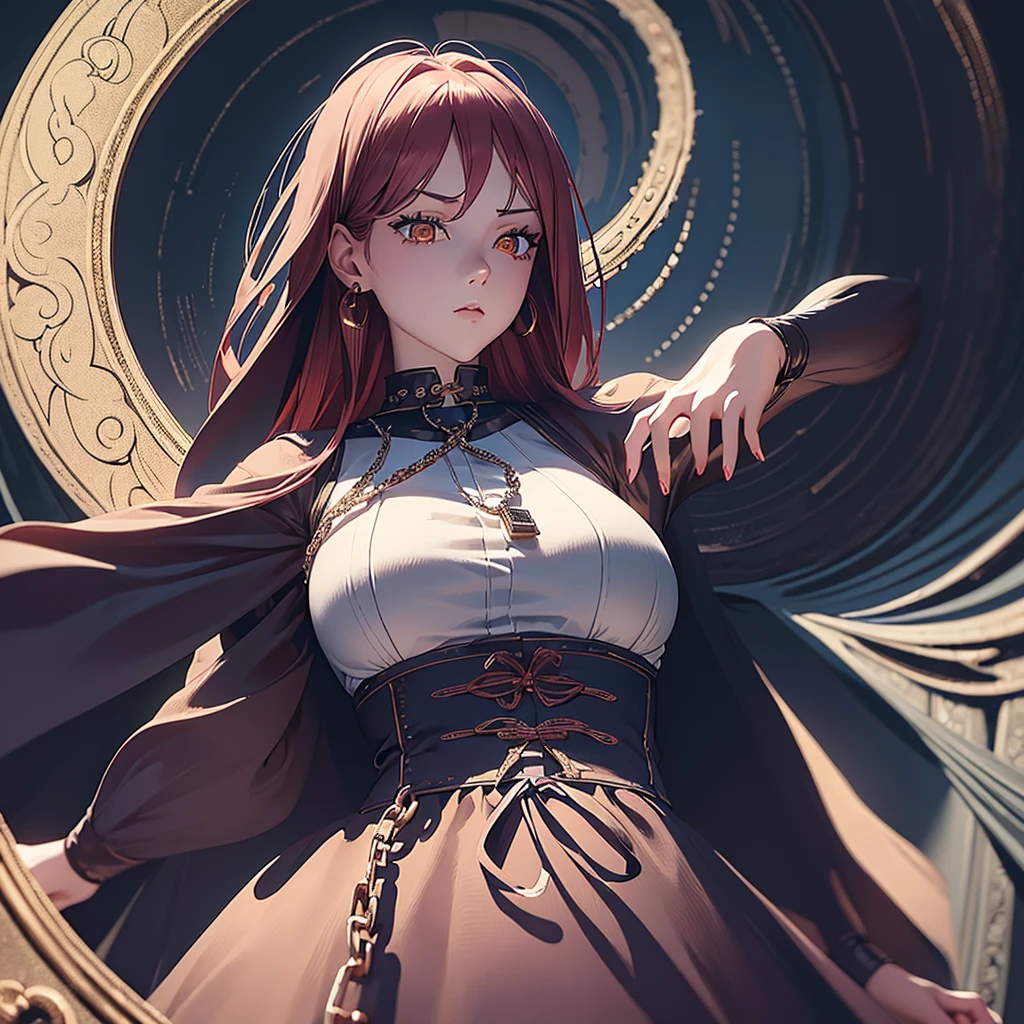 (finely detailed beautiful eyes and detailed face,masterpiece sidelighting,masterpiece,best quality,detailed,high resolution illustration),(1girl,whole body,bishoujo,lustrous skin,looking down,looking at viewer),(Large breast), (red hair, grey eyes,ribbon,hanbok, korean clothes), (chain collar) (Chain behind his back),(earings)(clothed_underbust:1.2),underboob, perfect eyes, perfect hand 