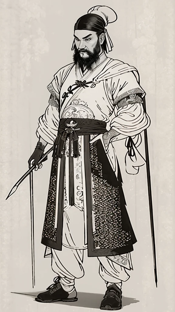 (((Monochrome)))、(((Ink Painting)))、((ancient china、Handsome man with a bun and a white swimming cap))、Hands on hips、Line art、Oriental、Ultra-high resolution、Game Poster、Crisp and beautiful image quality、whole body ,(ancient china鎧, Dragon head on shoulder, (ancient china鎧 with intricate pattern:1.2), gloves, Long trousers, (Very detailed, bloom:1.5), (Highest quality, Concept Art, 4K), (analog:1.2), (high sharpness), (Detailed pupil:1.1), Detailed face and eyes, masterpiece, Highest quality,8k, (Black Hair, Dynamic Short Hair), (PurerosFace_v1:0.2), [:(Detailed face:1.2):0.2], sharp, Realistic Shadows, 