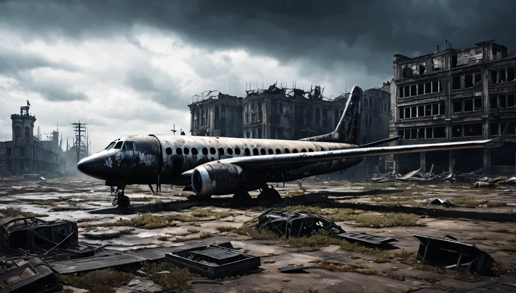 surrealism gothic dark post apocalyptic city plane abandoned on the ground