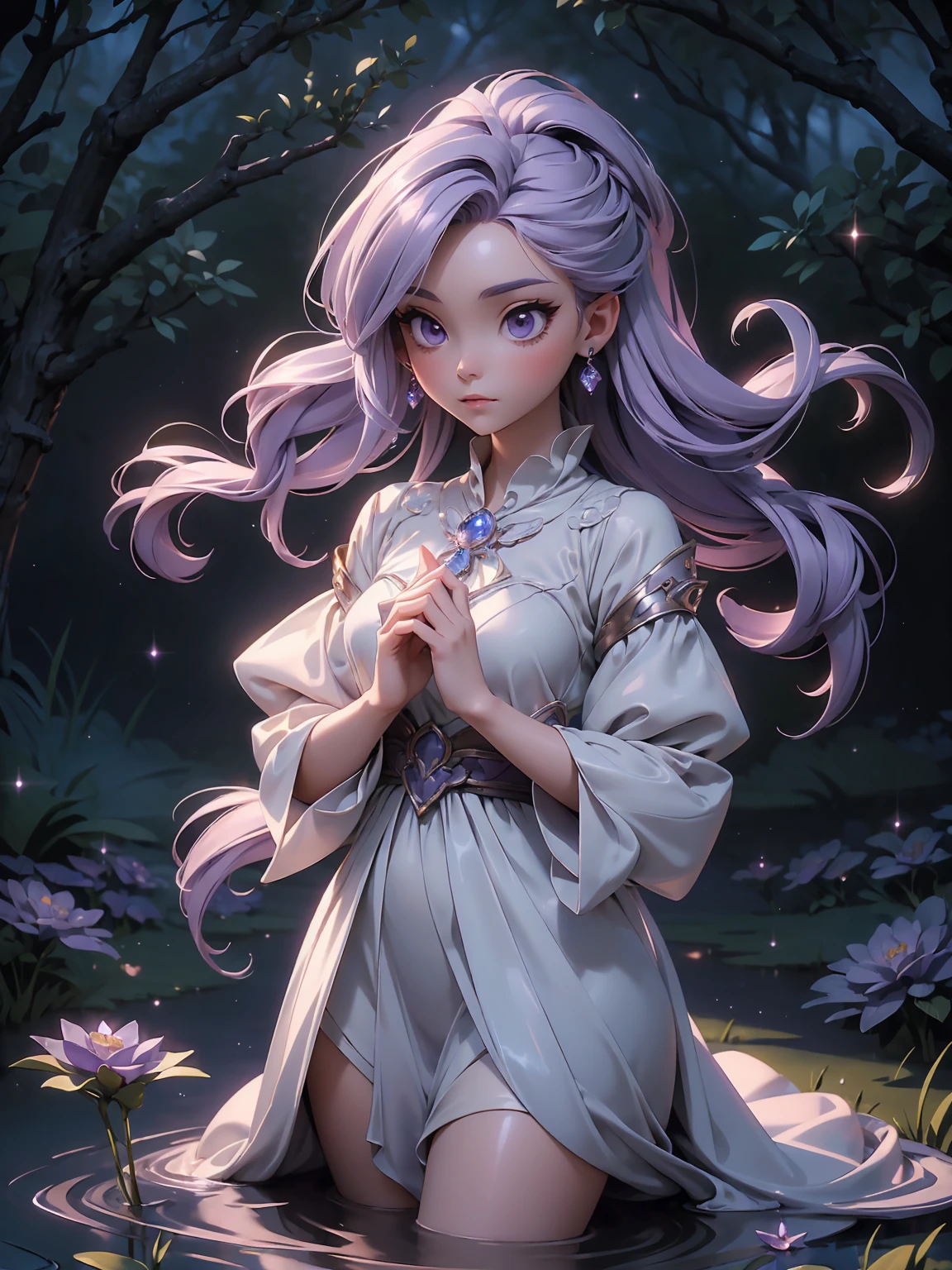 (((masterpiece, best quality, 16k)))A charming artwork of a mystical and shimmering female character in a magical, moonlit landscape. The full-body view reveals her dressed in glistening purple and silver clothes that catch the light beautifully. Despite her short height, she captivates with her enchanting presence. Her medium-length purple hair and white eyes give her an ethereal, otherworldly charm. She holds an enchanted mirror, reflecting her timid and cute demeanor.

The background is an enchanted grove illuminated by soft moonlight, with sparkling dew drops on the grass and glowing flowers. Wisps of magical energy float in the air, and a gentle stream flows nearby, creating a serene and mystical atmosphere.

