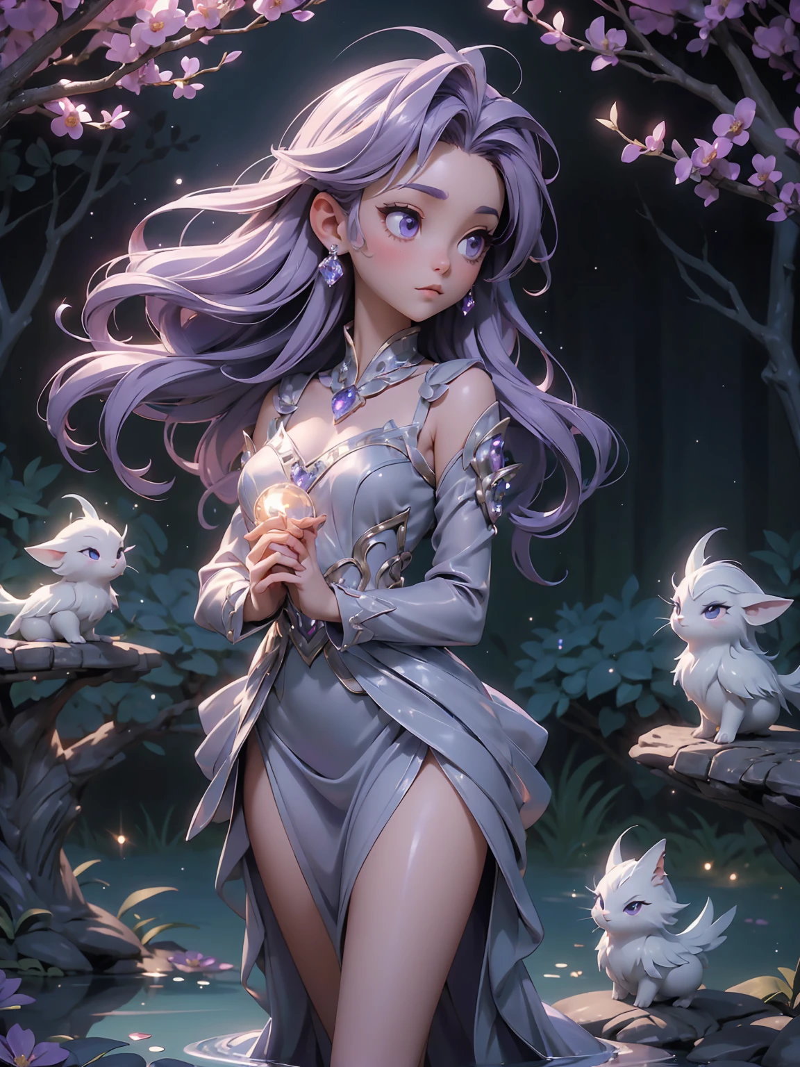 (((masterpiece, best quality, 16k)))A charming artwork of a mystical and shimmering female character in a magical, moonlit landscape. The full-body view reveals her dressed in glistening purple and silver clothes that catch the light beautifully. Despite her short height, she captivates with her enchanting presence. Her medium-length purple hair and white eyes give her an ethereal, otherworldly charm. She holds an enchanted mirror, reflecting her timid and cute demeanor.
The background is an enchanted grove illuminated by soft moonlight, with sparkling dew drops on the grass and glowing flowers. Wisps of magical energy float in the air, and a gentle stream flows nearby, creating a serene and mystical atmosphere.