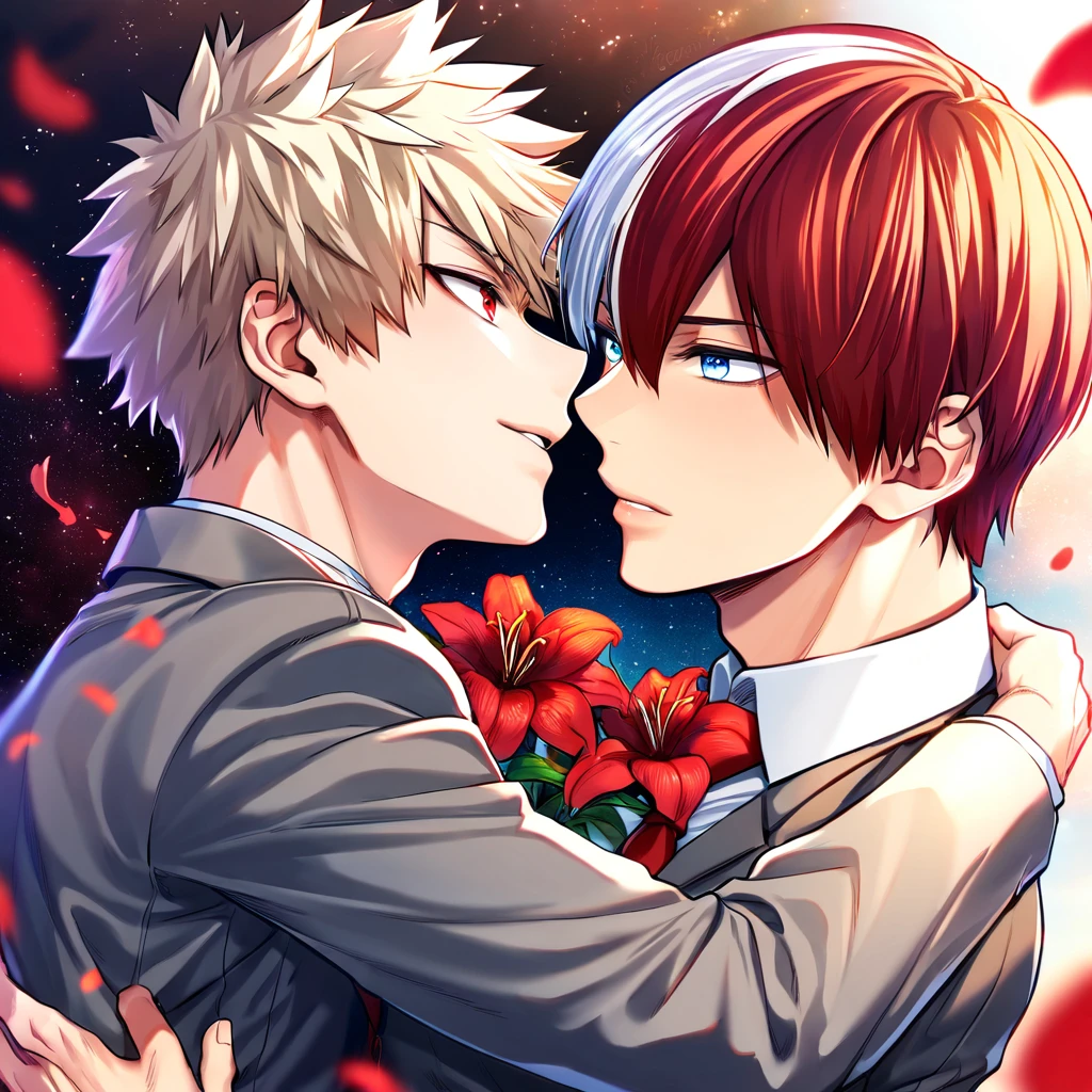 absurdres, highres, ultra detailed, HDR, master piece, Todoroki Shouto, bicolor hair, right side of hair is red, left side of hair is white, expressive blue eyes, Bakugo Katsuki, ash blonde hair, expressive red eyes, gray jacket, red necktie, Boku No Hero Academia, two sexy man together, gay couple, yaoi, handsome, best quality, red lilies flowers, fantasy, red shining fireflies, red petals, sensual, starry sky, shining, red blossoms, love, magical