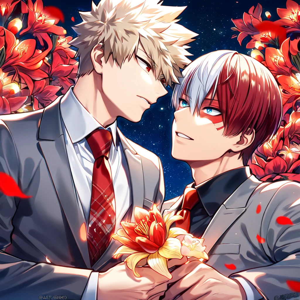 absurdres, highres, ultra detailed, HDR, master piece, Todoroki Shouto, bicolor hair, right side of hair is red, left side of hair is white, expressive blue eyes, Bakugo Katsuki, ash blonde hair, expressive red eyes, gray jacket, red necktie, Boku No Hero Academia, two sexy man together, gay couple, yaoi, handsome, best quality, red lilies flowers, fantasy, red shining fireflies, red petals, sensual, starry sky, shining, red blossoms, love, magical