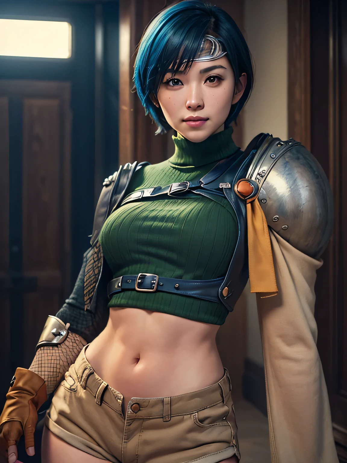 (masterpiece, best quality:1.4), (future days), (fighting:1.5), (full body), (from front), (1girl), solo, (european youth:1), 1girl, short hair, headband navel, sleeveless, turtleneck, brown eyes, sleeveless turtleneck, solo, breasts, looking at viewer, sexy smile, gloves, crop top, blue hair, shorts, midriff, armor, sweater, open fly, fingerless gloves, ribbed sweater, medium breasts, yufi_kisaragi_01, girlhyperrealistic, high detailed skin, dslr, soft lighting, high quality, highly detailed face, highly detailed skin, skin pores, subsurface scattering, realistic pupils, medium breast, full face blush, full lips, detailed background, depth of field, volumetric lighting, sharp focus, absurdres, realistic proportions, good anatomy, (realistic, hyperrealistic:1.4), 16k hdr,