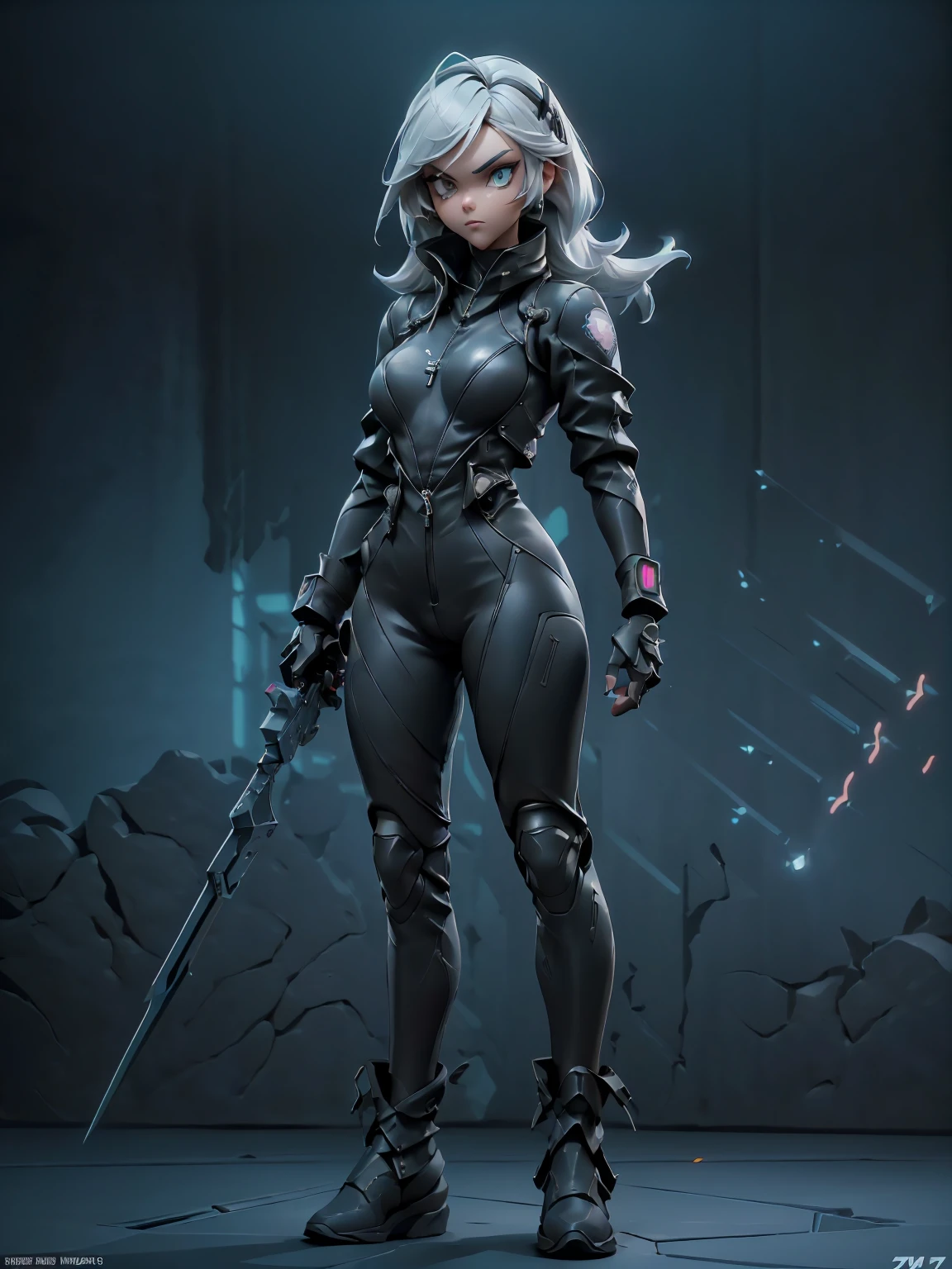 Design a layout showcase Gaming character, (1girl). Black+Silver clothes, sleek and modern, ((showcase weapon:1.4)), laser gun, (masterpiece:1.2), (best quality), 4k, ultra-detailed, (Step by step design, layout art:1.5), (neon lighting, cyber ambiance), cyberpunk, ((tech gloves)), (((revealing jumpsuit:1.3))), tech armor, combat boots, (((full_body_shot:1.4)))
