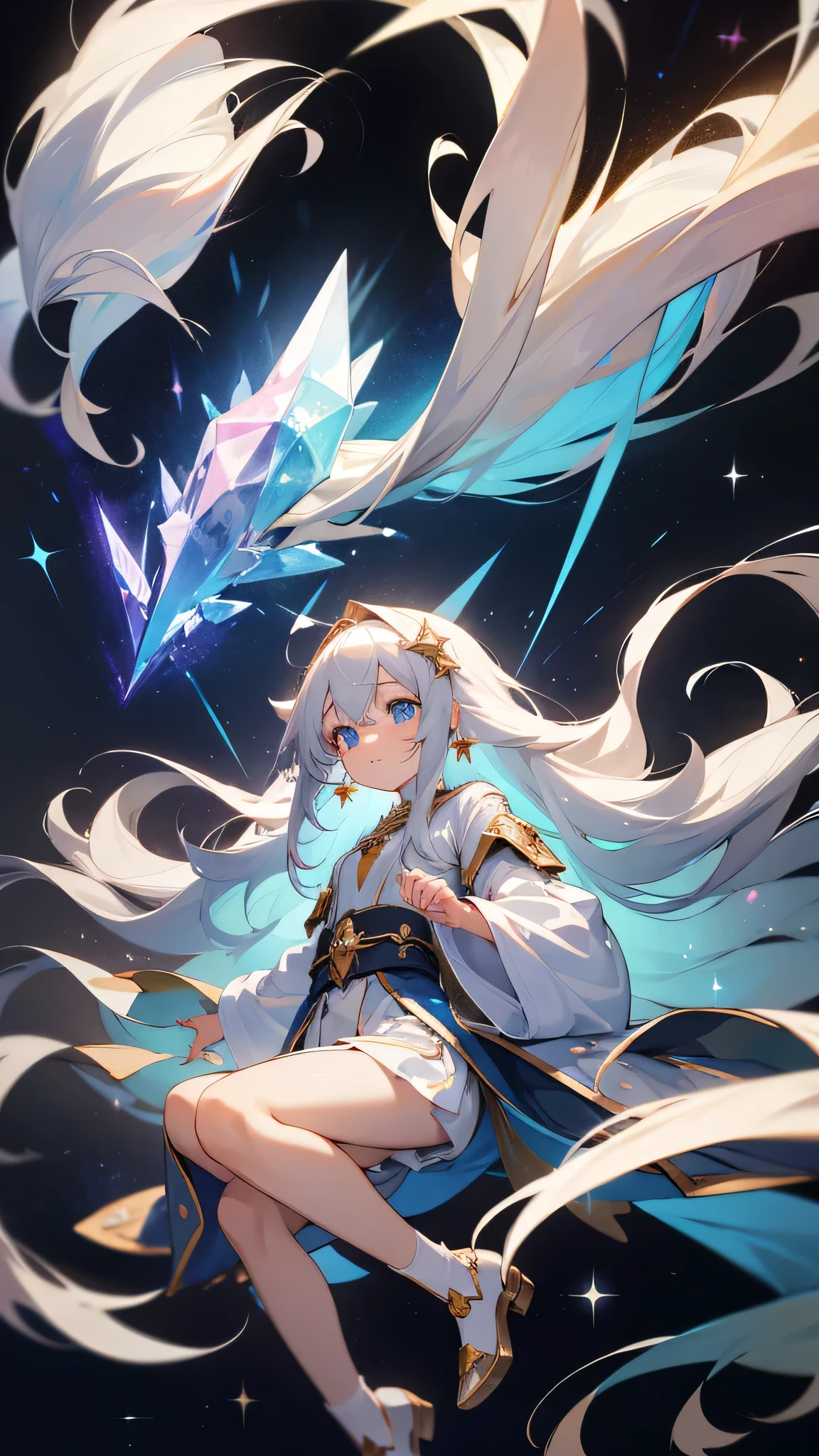 Anime Girl，White long hair，Blue Eyes，shy，cute，grace，high resolution, masterpiece, Anatomically correct, Ultra HD, high quality，Crystal Earrings, Starry sky background，Wear magic robes，Spells are being cast，Watch your hands