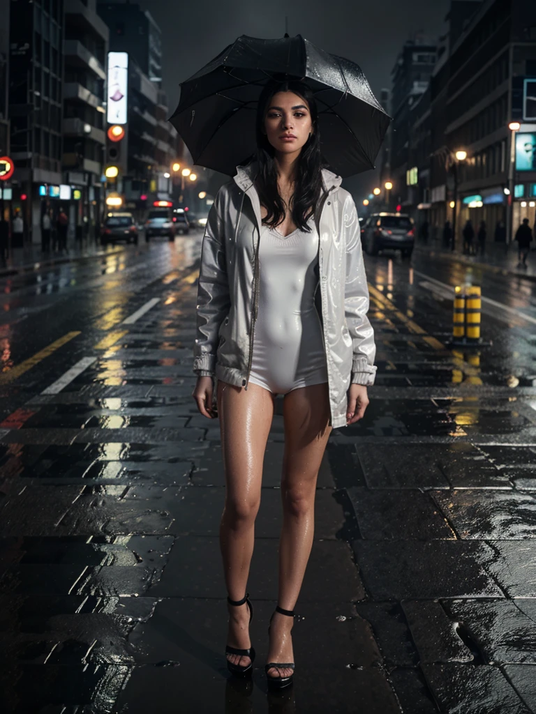 a girl standing in the middle of a zebra crossing , rainy day, realistic, cinematic lighting, volumetric fog, wet asphalt, high quality, 8k, photorealistic, intricate details, beautiful detailed eyes, beautiful detailed lips, extremely detailed face and portrait, long eyelashes, moody atmosphere, cinematic composition, dramatic lighting, vibrant colors, realistic rain effects,wearing a one-piece , high heels , dont have an umbrella 