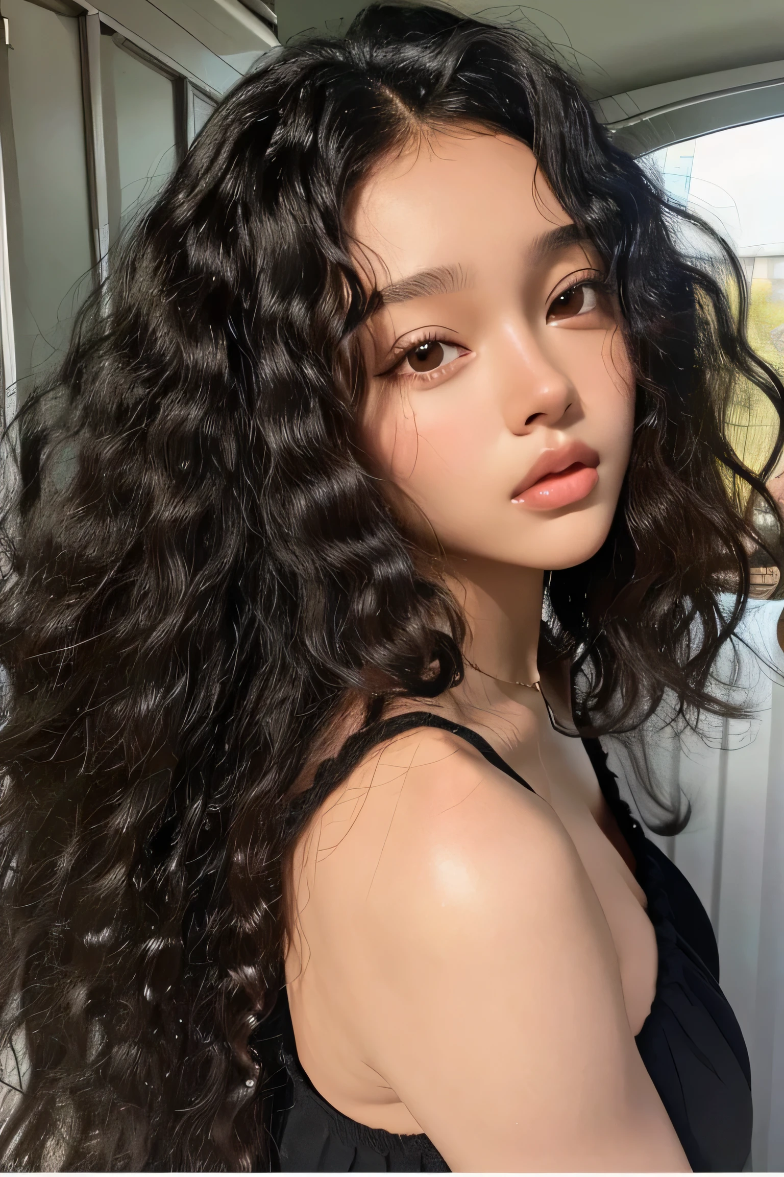 masterpiece, best quality, beautiful black and Asian mixed 19 year old, brown skin female, long, frizzy, curly black hair, perfect face, half body, long hair, melanin, curly dark hair