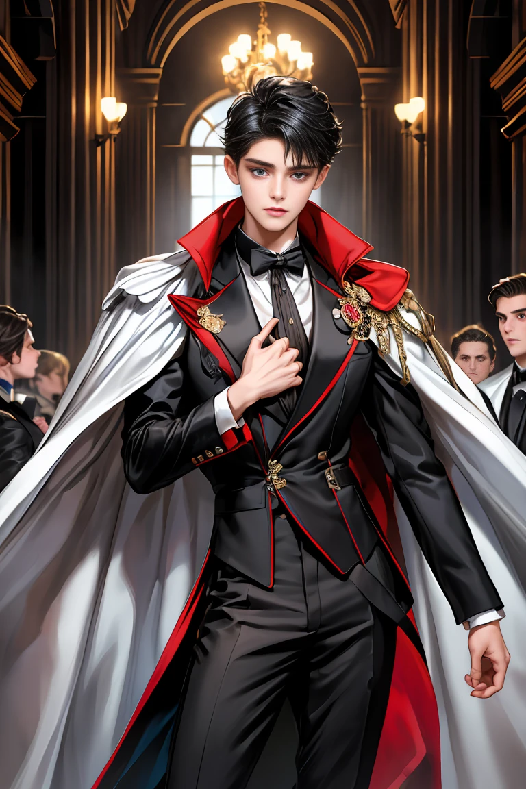 
masterpiece, 最high quality, high quality, 1 boy, alone, Male focus, Watching the audience,  Messy black hair, Adorable big blue eyes, White, Noble, Noble,A black and red cape that is bursting with sexy volume、Tuxedo、A very voluminous, large, very large, very large, long, long red and black cape with a high stand-up collar, made of a lot of fabric that reaches down to the floor., 17 years old,Cute beautiful boys,Cute, cute, kind, handsome guy