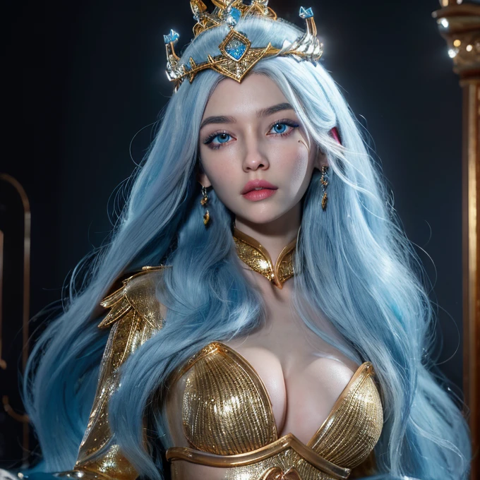 tundra, Ashé \(League of Legends\), 1 girl, facial portrait, looking ahead at viewer, blue colored eyes, golden queen crown, League of Legends, long hair, standing alone, White hair, work of art, best qualityer, retrato close-up rosto, comely, pale skin, radiant blue colored eyes, no hood