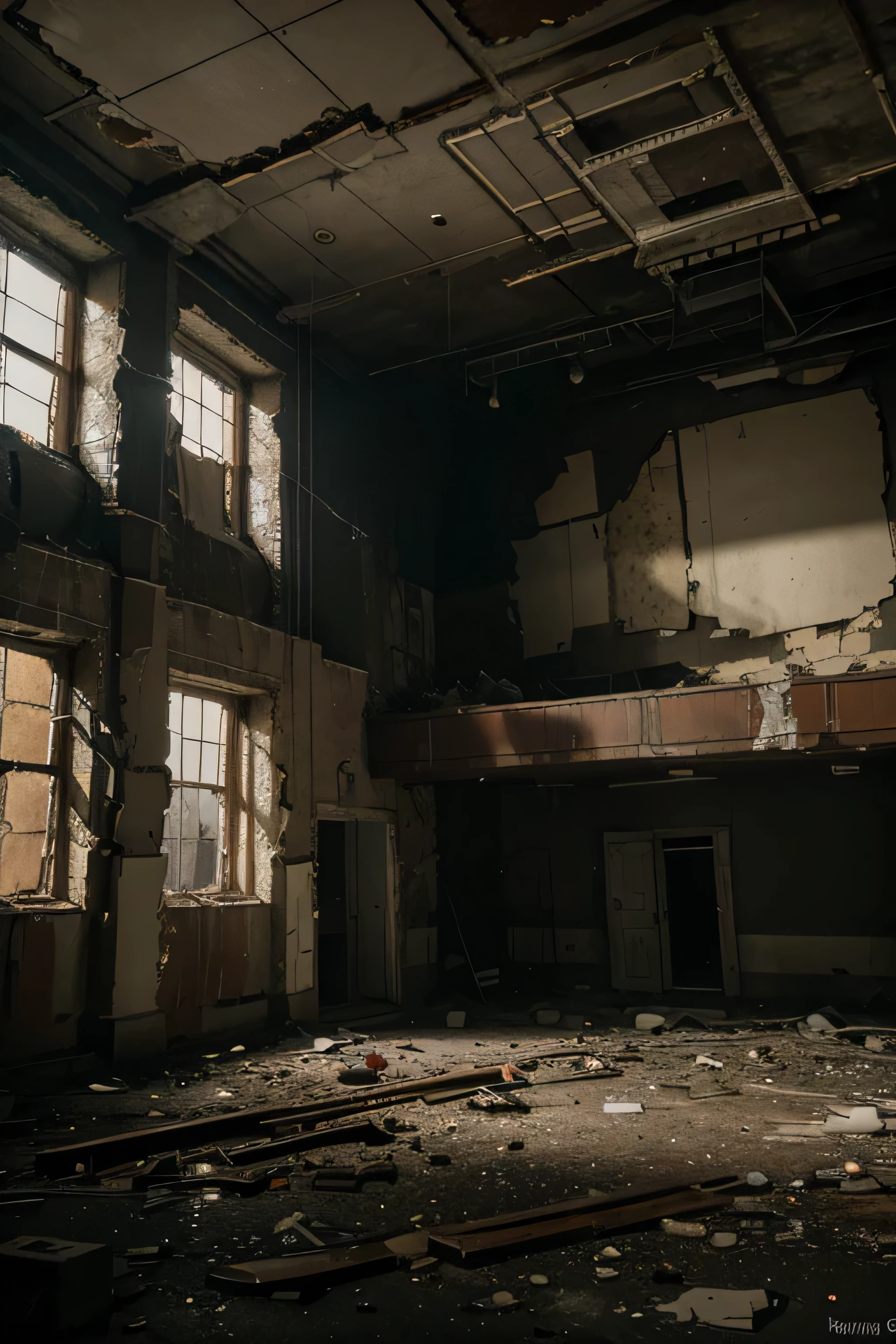 a broken and peeling wall in an old abandoned theater, dirty and destroyed, light shining through the cracks, dust and debris on the floor, cobwebs in the corners, dramatic lighting, cinematic, moody atmosphere, (best quality,4k,8k,highres,masterpiece:1.2),ultra-detailed,(realistic,photorealistic,photo-realistic:1.37),cinematic lighting, dramatic shadows, gritty textures, crumbling architecture, abandoned building, theatrical setting, bright background
