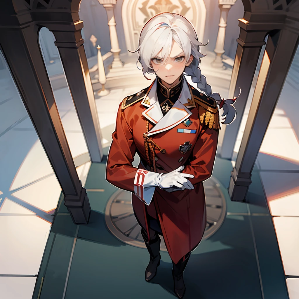 1male, White Hair, Red Royal Guard Uniform, Braided Hair, White Gloves, Military Boots, Hazel Eyes, Serious Expression, Tall, High Ranker, Adult Male, Castle, Standing at the Gate