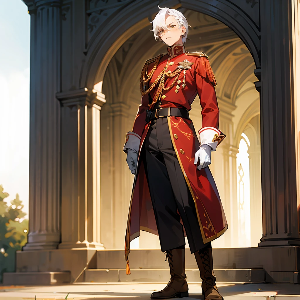 1male, White Hair, Red Royal Guard Uniform, Braided Hair, White Gloves, Military Boots, Hazel Eyes, Serious Expression, Tall, High Ranker, Adult Male, Castle, Standing at the Gate