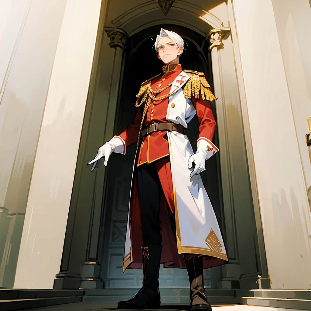 1male, White Hair, Red Royal Guard Uniform, Braided Hair, White Gloves, Military Boots, Hazel Eyes, Serious Expression, Tall, High Ranker, Adult Male, Castle, Standing at the Gate