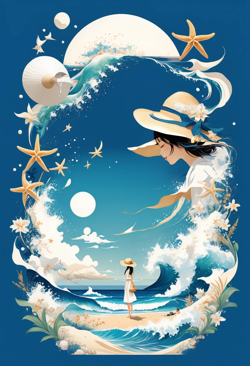 Illustration of a girl wearing a straw hat、Stunned、(The girl is depicted as large:1.4)、Japanese style、Waves splashing on the beach、starfish、White shells、Emerald blue sea background、Cumulonimbus fragments、best quality、Ultra-high resolution、Golden Ratio、Maximum coefficient、Cappadocia