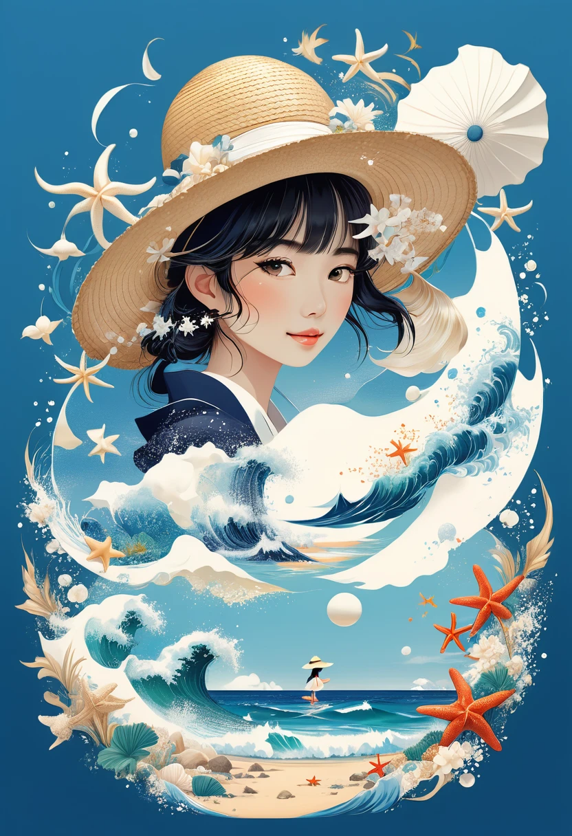 Illustration of a girl wearing a straw hat、Stunned、(The girl is depicted as large:1.4)、Japanese style、Waves splashing on the beach、starfish、White shells、Emerald blue sea background、Cumulonimbus fragments、best quality、Ultra-high resolution、Golden Ratio、Maximum coefficient、Cappadocia