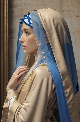 Watercolor painting, Gustave Moreau painting. profile of 1 female, solo, Beautiful slender Mother Mary, Small bust, ancient (((Israeli female, beige robe, blue veil:1.2))), praying, halo