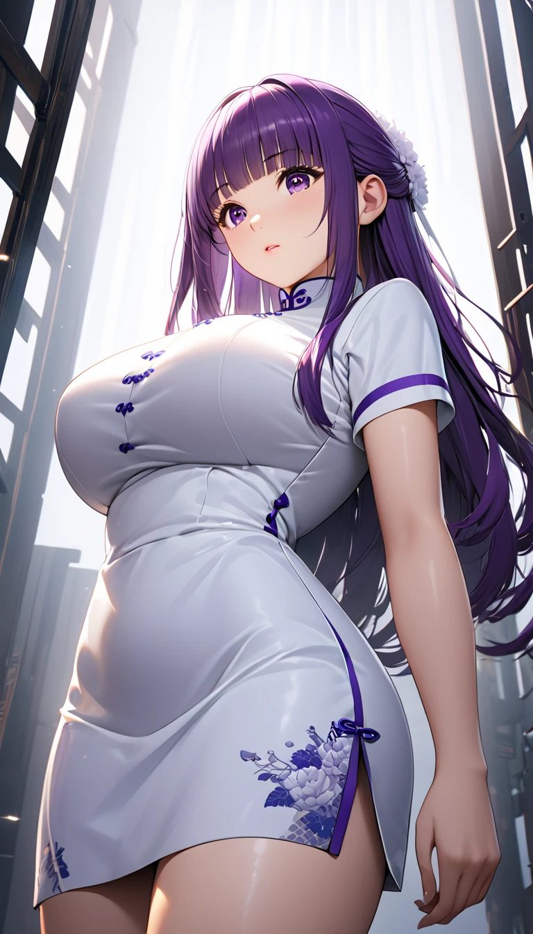 Cheongsam Girl，Half Up,Purple Hair,Purple eyes,Long Hair，Blunt bangs,cowboy shot,Pure white background，Big Breasts,Depth of written boundary，Low angle view，Calf Level View，Overclocked Renderer，Cinema Lighting，Ultra-fine，Very detailed，complicated，Cinematic Perspective，CG Art，Looking at me,