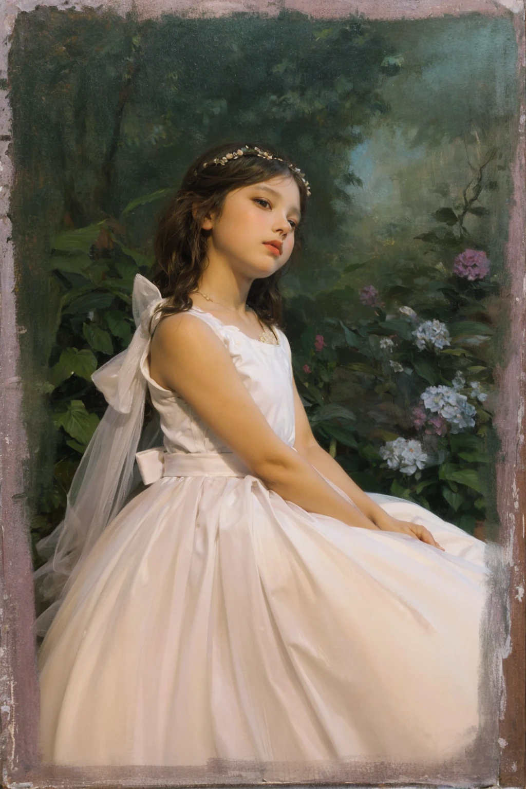painting of a young girl in a white dress sitting in a garden, Portrait painting of a princess, portrait of fairy princess, princess portrait, Portrait of a princess, inspired by William-Adolphe Bouguereau, princess portrait, Pudica bouguereau style pose, classic portrait, beautiful languid princess, a stunning young ethereal figure