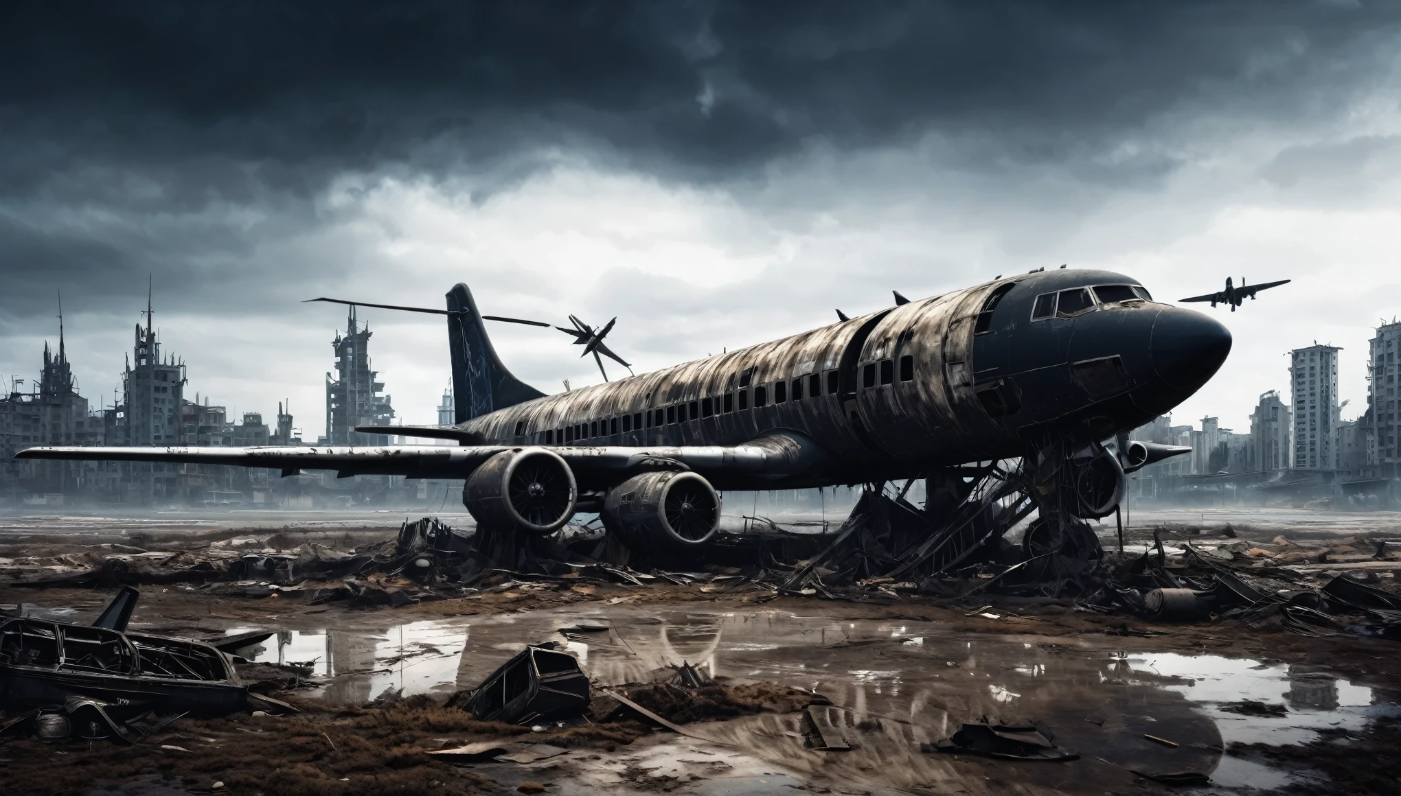 surrealism gothic dark post apocalyptic city plane abandoned on the ground