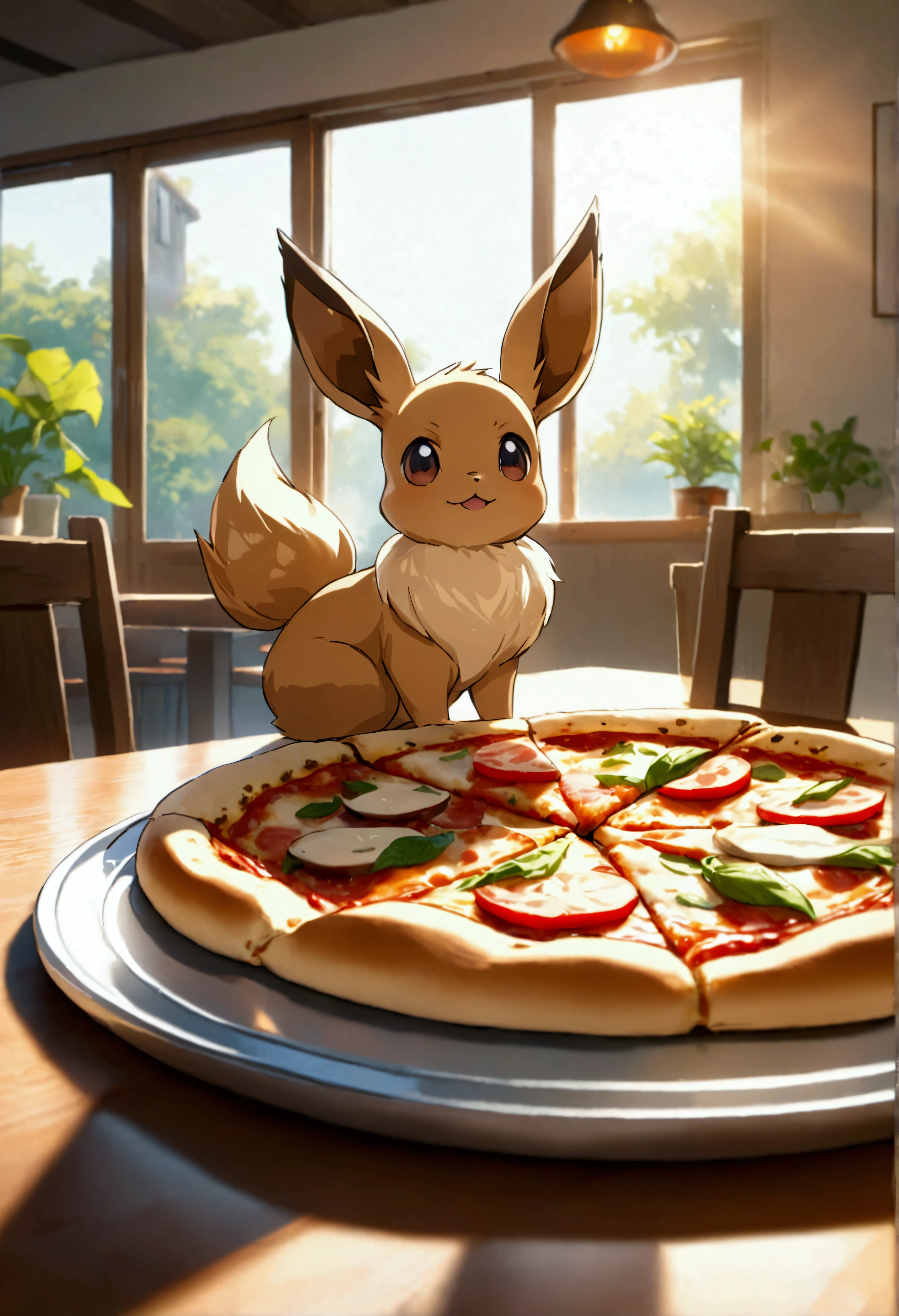 one eevee_(Pokémon) enjoying a slice of pizza in a sunny Dining room, with a Comfort atmosphere, Aroma, and bright colors. (best quality,4K,8k,high resolution,masterpiece:1.2),Super detailed,(Practical,photoPractical,photo-Practical:1.37), HDR, Ultra HD, Studio Lighting, Extremely detailed description, professional, Bright colors, Bokeh, portrait, food, Lovely, Playful, Comfort, Sunlight, pizza, eevee_(Pokémon), Dining room.