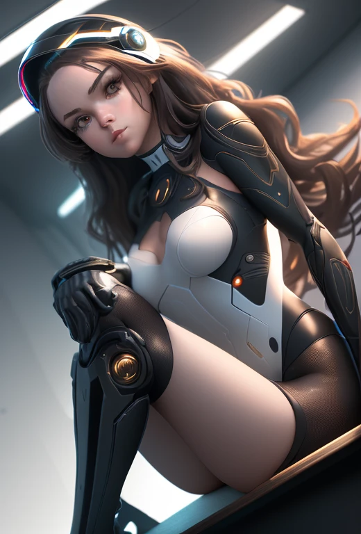 a portrait of photorealistic a {XO sitting on a desk} crossing legs{crossing leg:0.7} sitting in provocative stunning pose, a moment with a heavenly transition luminescent movement submarine_inside background, sitting on the desk, long brunette hair, futuristic army helmet, lean on wall, wavy hair, mech boot, mech gloves, side view, view from below,UHD, intricate detailed, 8k, best quality ever, masterpiece, super detailed, unleashed creativity, beyond imagination, dramatic ligh