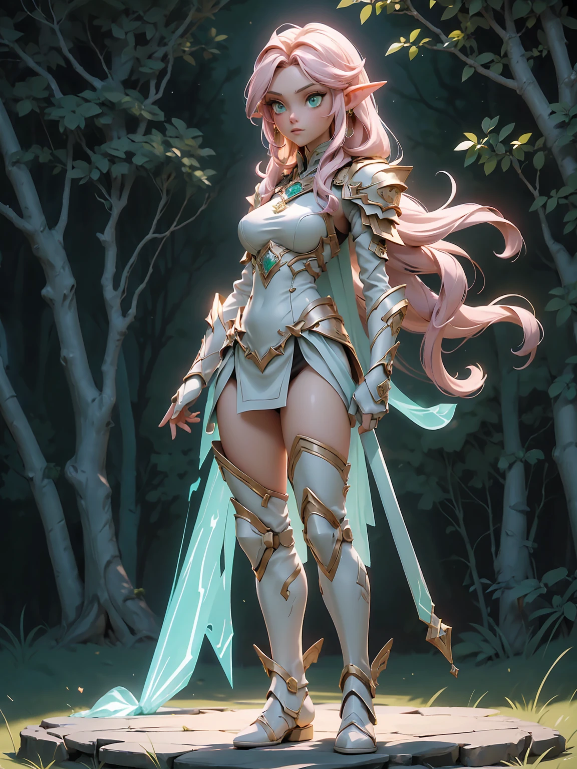 (((Masterpiece, best quality, high detailed, 8k))) Design a layout showcase Gaming character, (1girl). Light pink hair, green eyes, wearing a futuristic armor, wielding an empowering spear. (masterpiece:1.2), (best quality), ultra-detailed. (Step by step design, layout art:1.5), (luminous lighting, atmospheric lighting). Majestic elf in a magnificent forest with beautiful lighting. ((glove full hands)), intricate vambraces, high-tech legwear, (((full_body_shot:1.4))). The elf stands gracefully amidst ancient, towering trees, their leaves shimmering with a magical glow. The futuristic armor, a blend of sleek metal and glowing energy lines, contrasts beautifully with the natural surroundings. Her light pink hair flows softly around her, framing her elegant face with piercing green eyes that radiate wisdom and strength. The empowering spear she holds is adorned with mystical runes and a radiant crystal at its tip, pulsing with an ethereal light. She exudes an aura of power and serenity, perfectly harmonized with the enchanting beauty of the forest around her. Art style inspired by Artgerm, Kawacy, and Wadim Kashin.