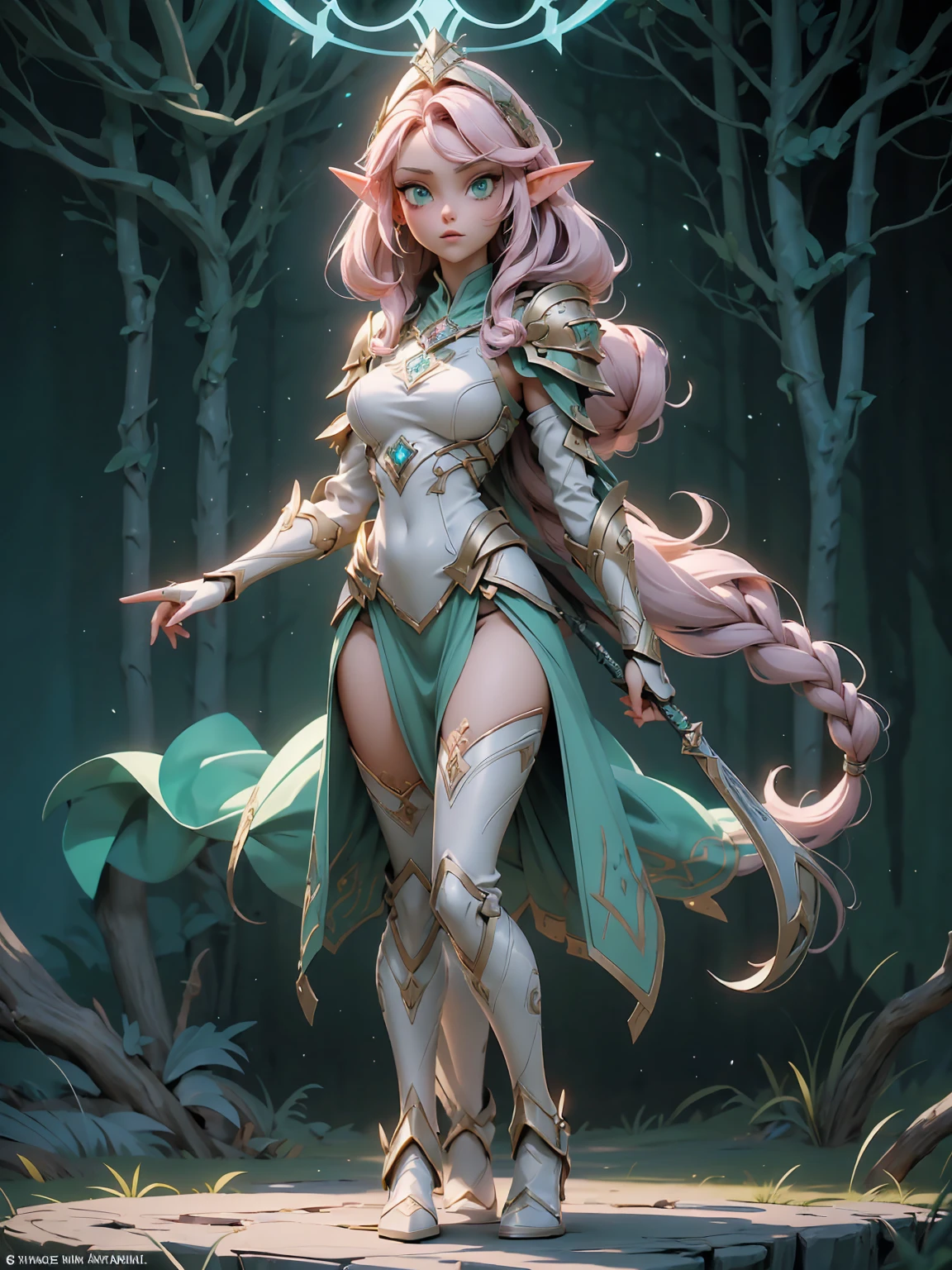 (((Masterpiece, best quality, high detailed, 8k))) Design a layout showcase Gaming character, (1girl). Light pink hair, green eyes, wearing a futuristic armor, wielding an empowering spear. (masterpiece:1.2), (best quality), ultra-detailed. (Step by step design, layout art:1.5), (luminous lighting, atmospheric lighting). Majestic elf in a magnificent forest with beautiful lighting. ((glove full hands)), intricate vambraces, high-tech legwear, (((full_body_shot:1.4))). The elf stands gracefully amidst ancient, towering trees, their leaves shimmering with a magical glow. The futuristic armor, a blend of sleek metal and glowing energy lines, contrasts beautifully with the natural surroundings. Her light pink hair flows softly around her, framing her elegant face with piercing green eyes that radiate wisdom and strength. The empowering spear she holds is adorned with mystical runes and a radiant crystal at its tip, pulsing with an ethereal light. She exudes an aura of power and serenity, perfectly harmonized with the enchanting beauty of the forest around her. Art style inspired by Artgerm, Kawacy, and Wadim Kashin.