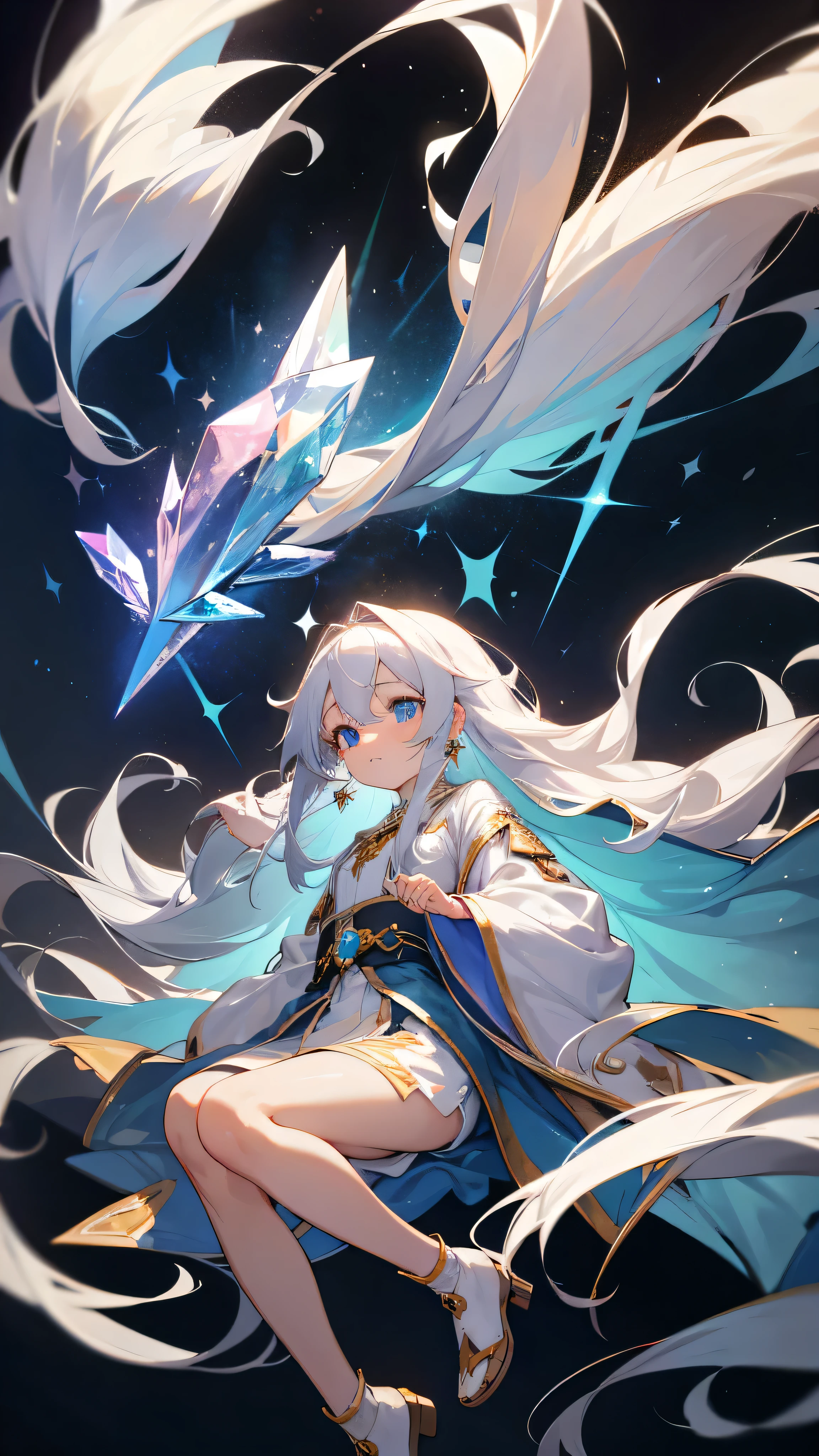 Anime Girl，White long hair，Blue Eyes，shy，cute，grace，high resolution, masterpiece, Anatomically correct, Ultra HD, high quality，Crystal Earrings, Starry sky background，Wear magic robes，Spells are being cast，Watch your hands