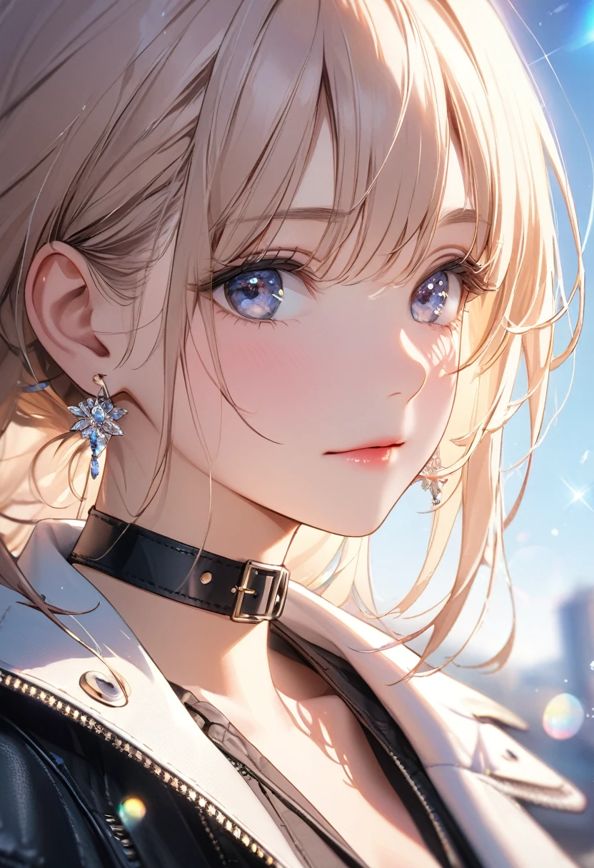 best quality, super_delicate, beautiful, natural face,, 8k, jacket, earrings, leather choker, close up, lens_flare